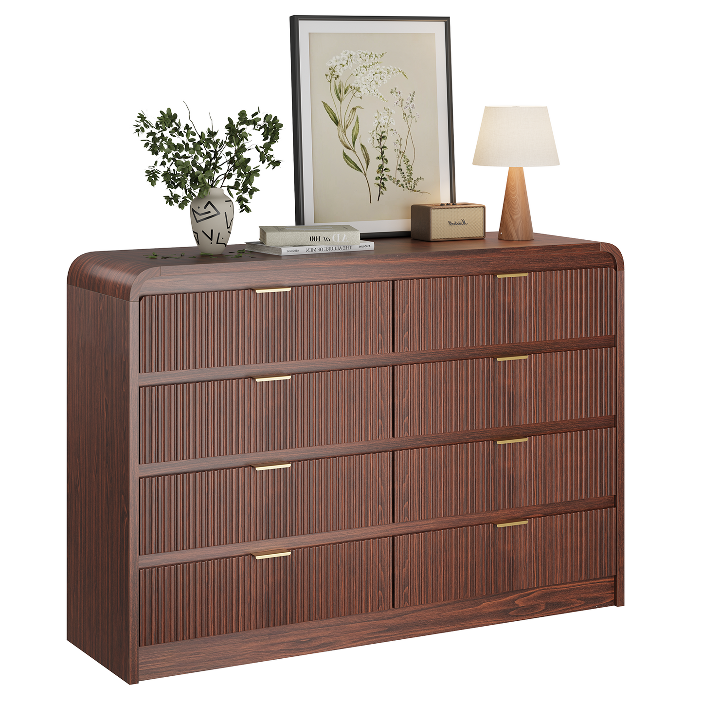Fluted 8 Drawers Dresser for Bedroom, 55" Wide Wooden Dresser with Metal Handle, Curved Profile Design, Modern Storage Organizer for Living Room, Hallway (Walnut)
