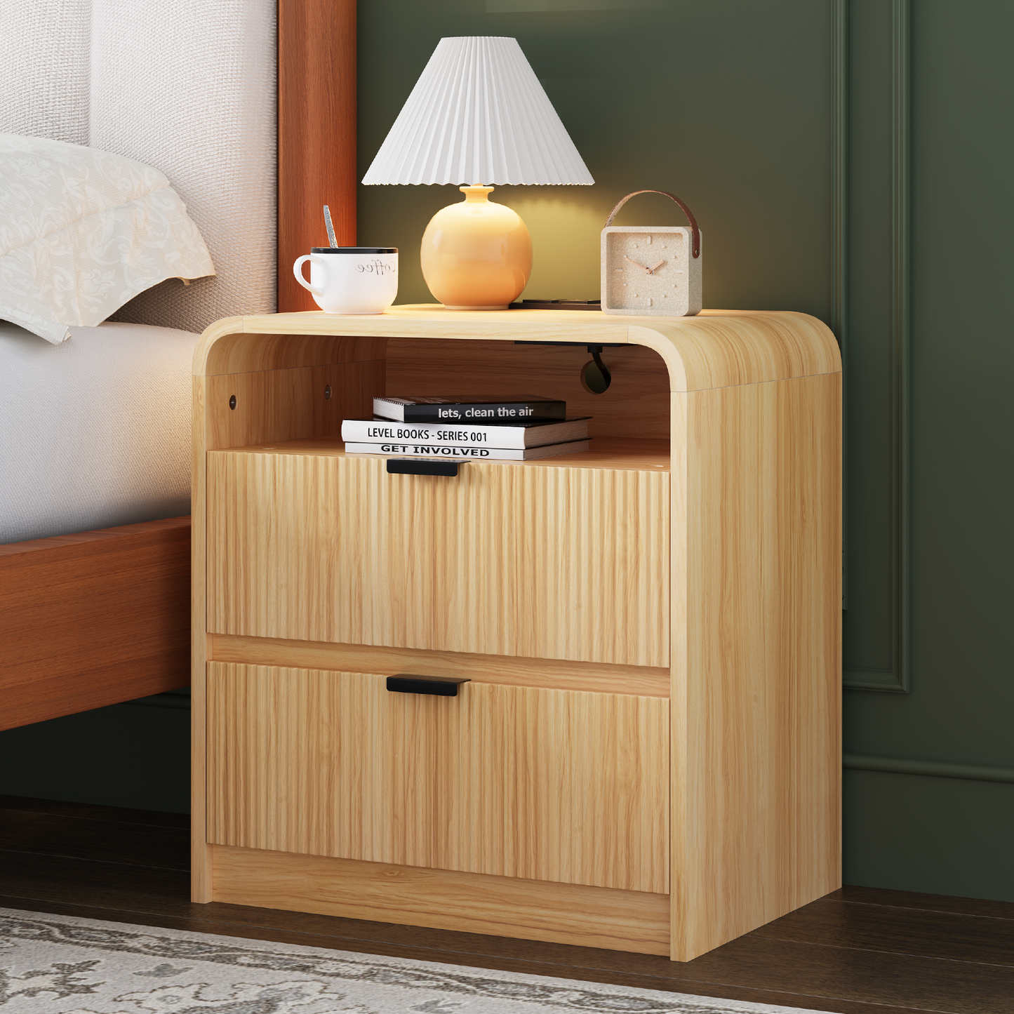 24" Fluted Nightstand with Charging Station, Wooden End Table with 2 Drawers Storage, Curved Profile Design, Modern Bedside Cabinet for Bedroom Living Room, Natural Oak
