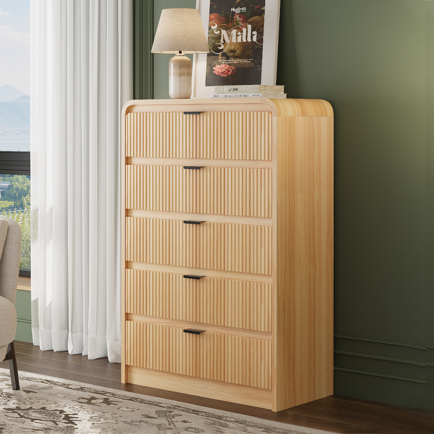 Fluted 5 Drawers Dresser for Bedroom, 48" Tall Wooden Modern Dresser with Metal Handle, Curved Profile Design, Storage Organizer for Living Room, Hallway (Natural Oak)
