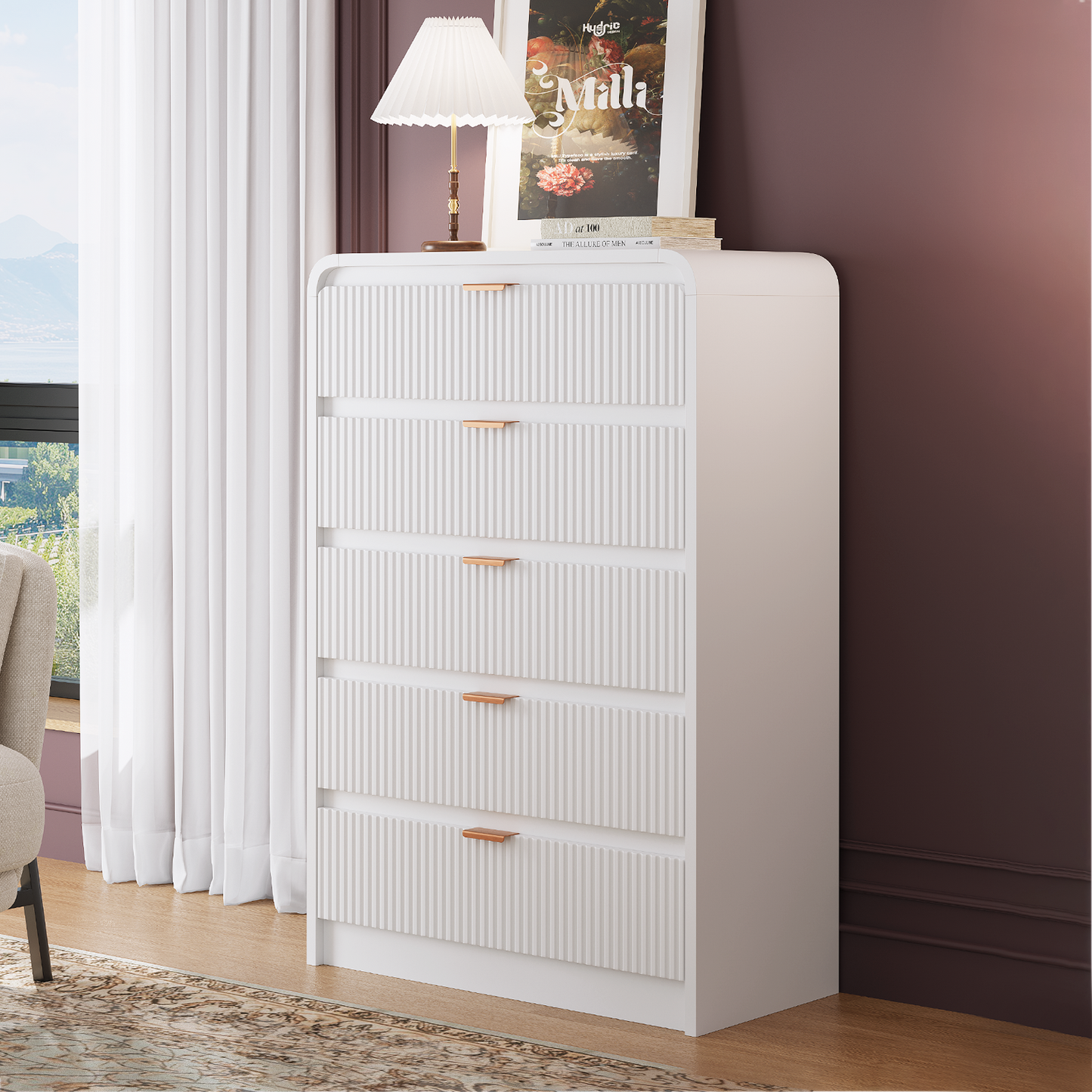 Fluted 5 Drawers Dresser for Bedroom, 48" Tall Wooden Modern Dresser with Metal Handle, Curved Profile Design, Storage Organizer for Living Room, Hallway (White)