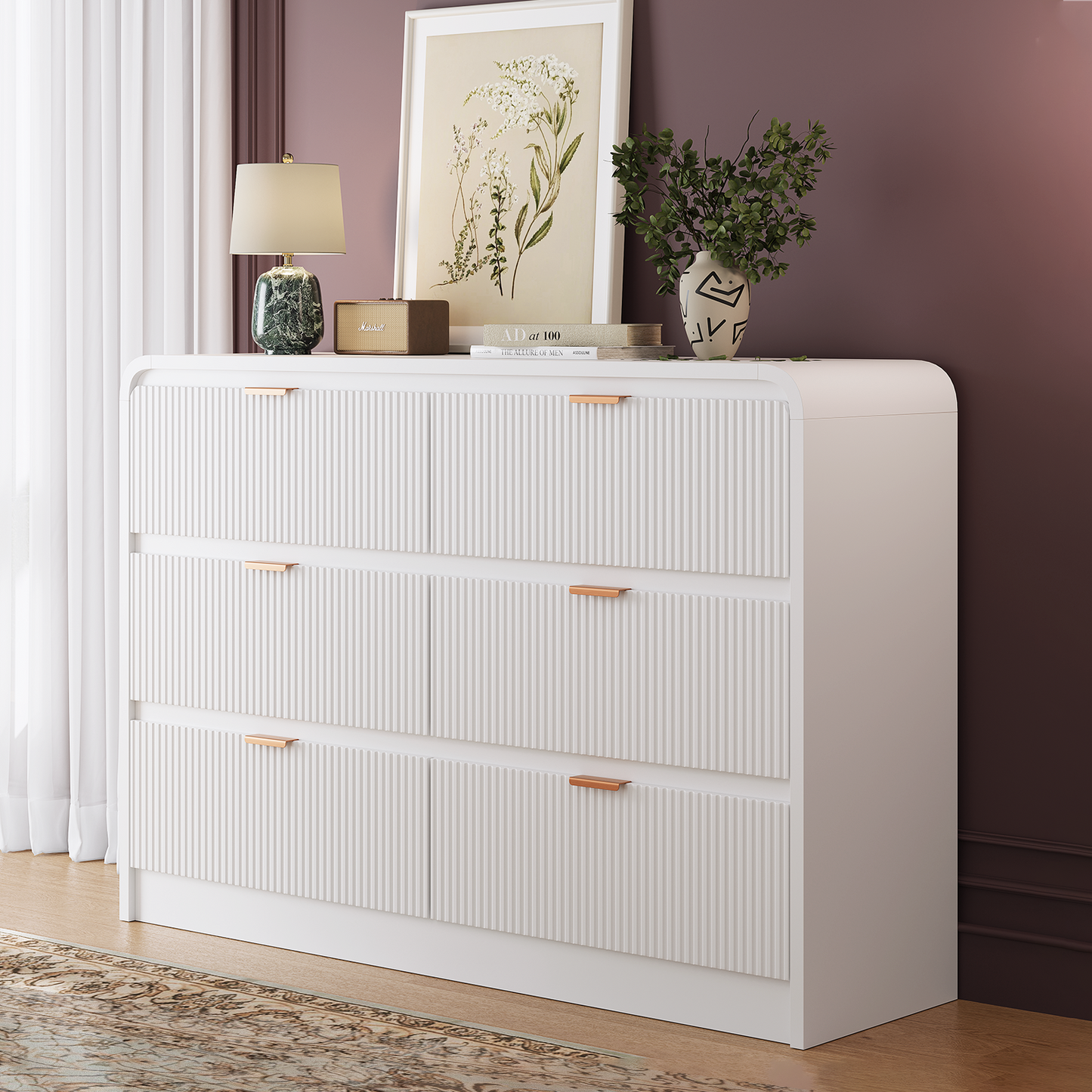 Fluted 6 Drawers Dresser for Bedroom, 54" Wide Wooden Dresser with Metal Handle, Curved Profile Design, Modern Storage Organizer for Living Room, Hallway (White)