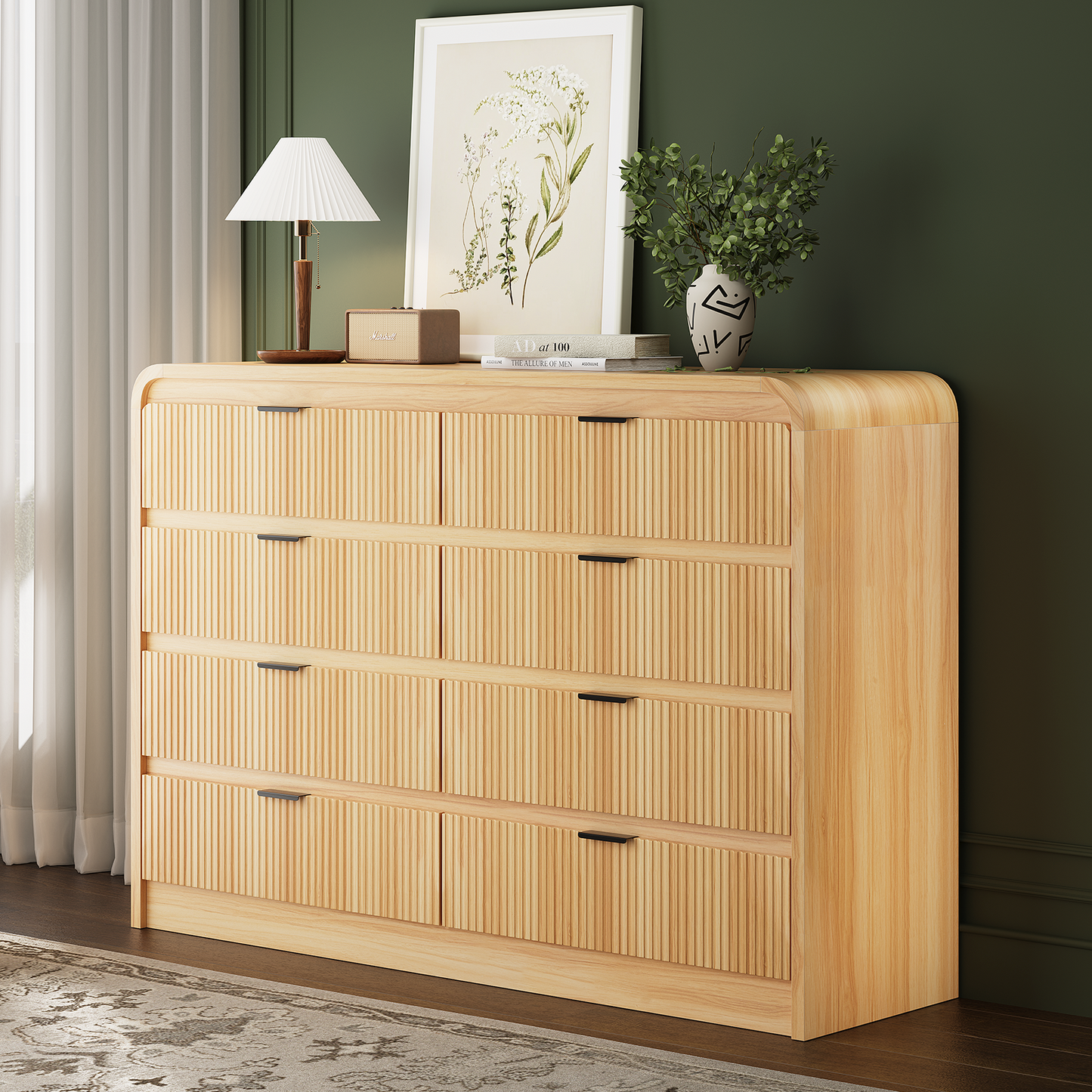 Fluted 8 Drawers Dresser for Bedroom, 55" Wide Wooden Dresser with Metal Handle, Curved Profile Design, Modern Storage Organizer for Living Room, Hallway (Natural Oak)