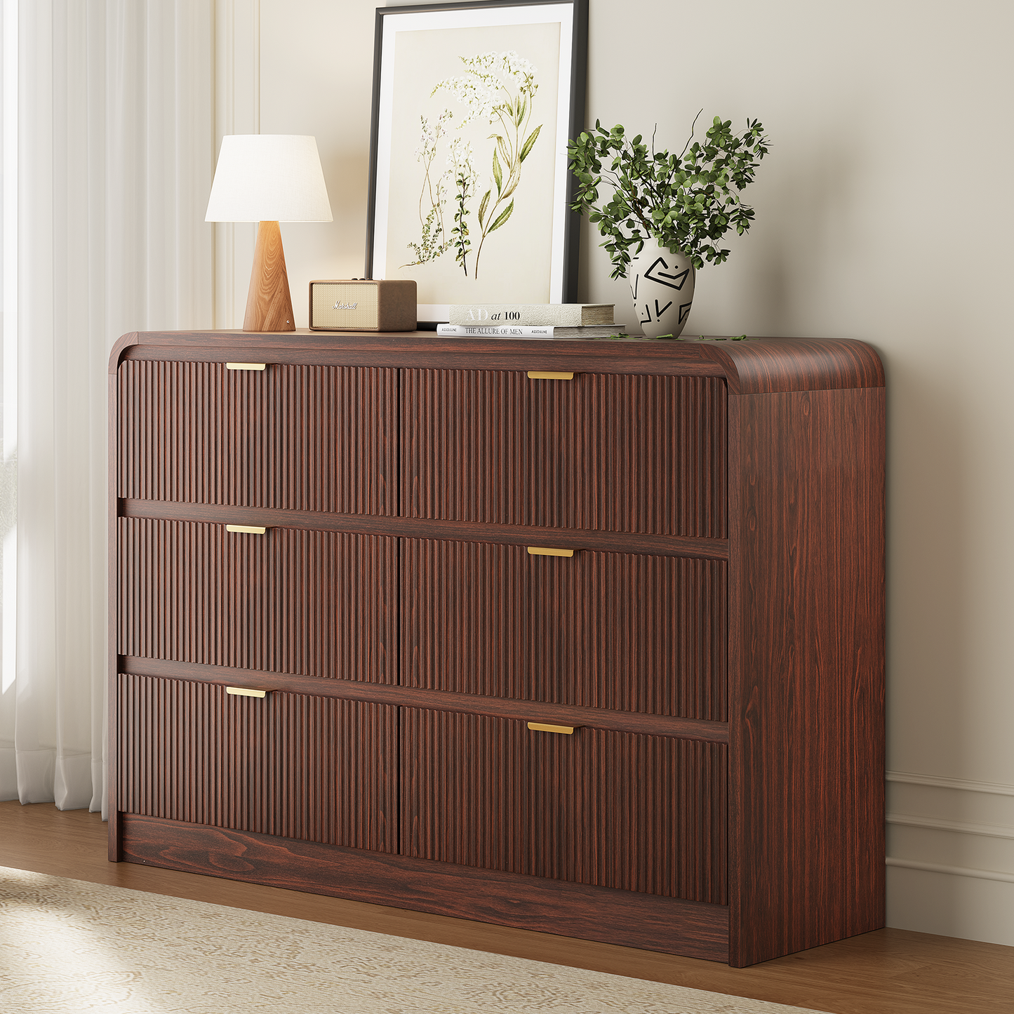 Fluted 6 Drawers Dresser for Bedroom, 54" Wide Wooden Dresser with Metal Handle, Curved Profile Design, Modern Storage Organizer for Living Room, Hallway (Walnut)
