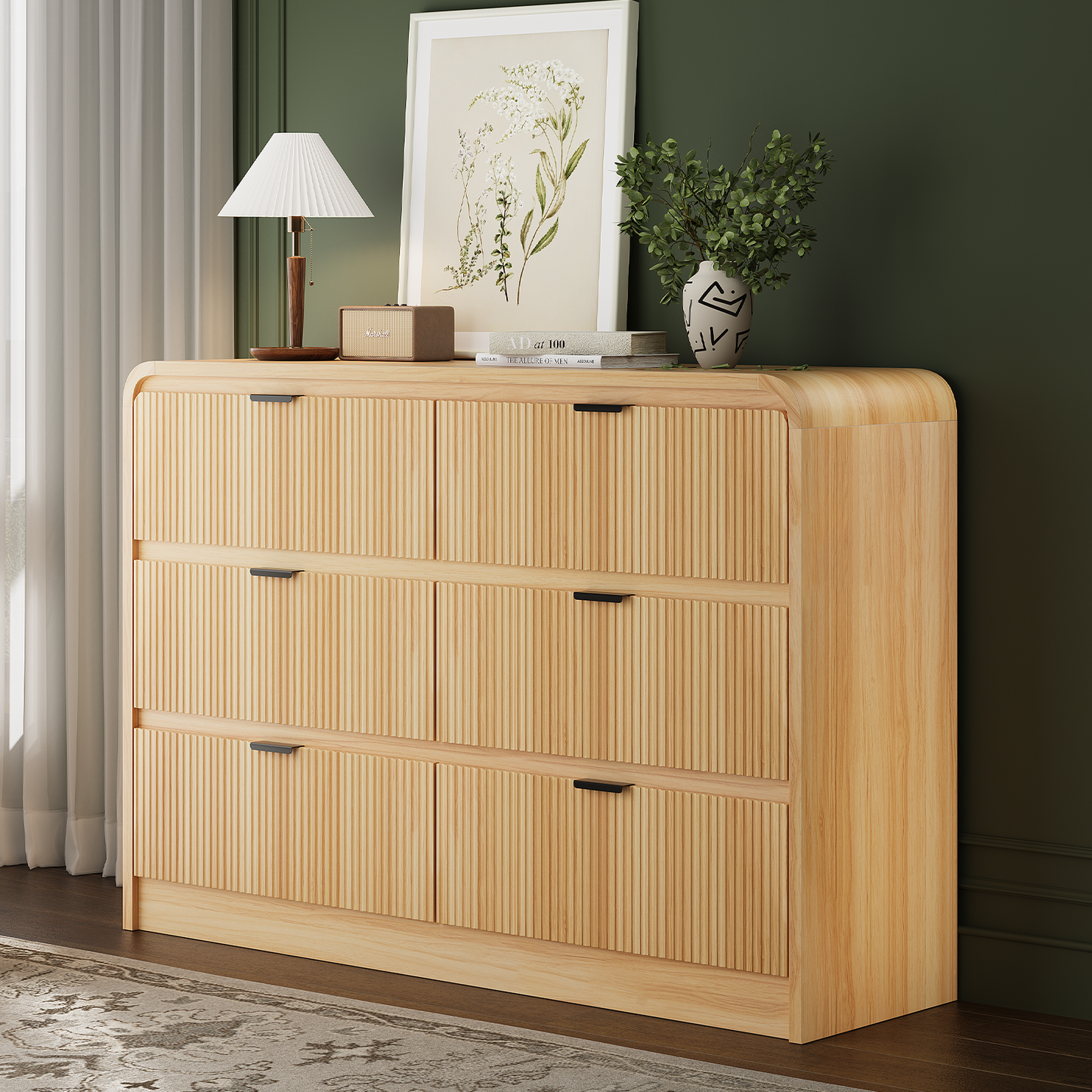 Fluted 6 Drawers Dresser for Bedroom, 54" Wide Wooden Dresser with Metal Handle, Curved Profile Design, Modern Storage Organizer for Living Room, Hallway (Natural Oak)