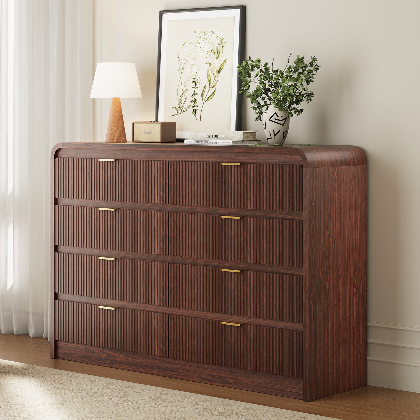 Fluted 8 Drawers Dresser for Bedroom, 55" Wide Wooden Dresser with Metal Handle, Curved Profile Design, Modern Storage Organizer for Living Room, Hallway (Walnut)
