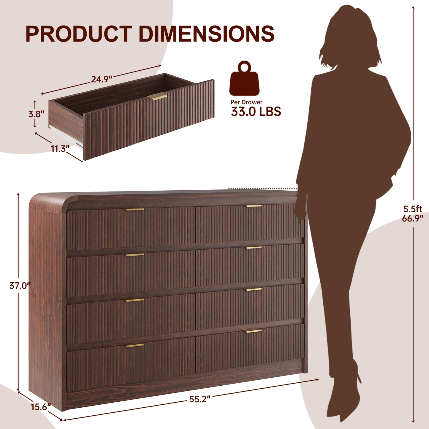 Fluted 8 Drawers Dresser for Bedroom, 55" Wide Wooden Dresser with Metal Handle, Curved Profile Design, Modern Storage Organizer for Living Room, Hallway (Walnut)