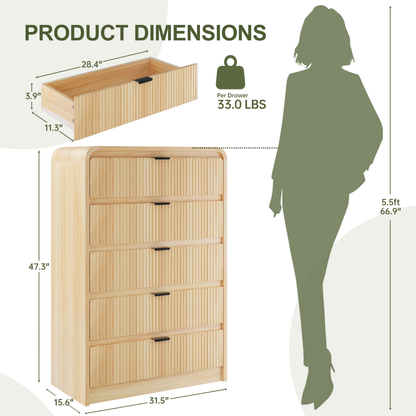 Fluted 5 Drawers Dresser for Bedroom, 48" Tall Wooden Modern Dresser with Metal Handle, Curved Profile Design, Storage Organizer for Living Room, Hallway (Natural Oak)