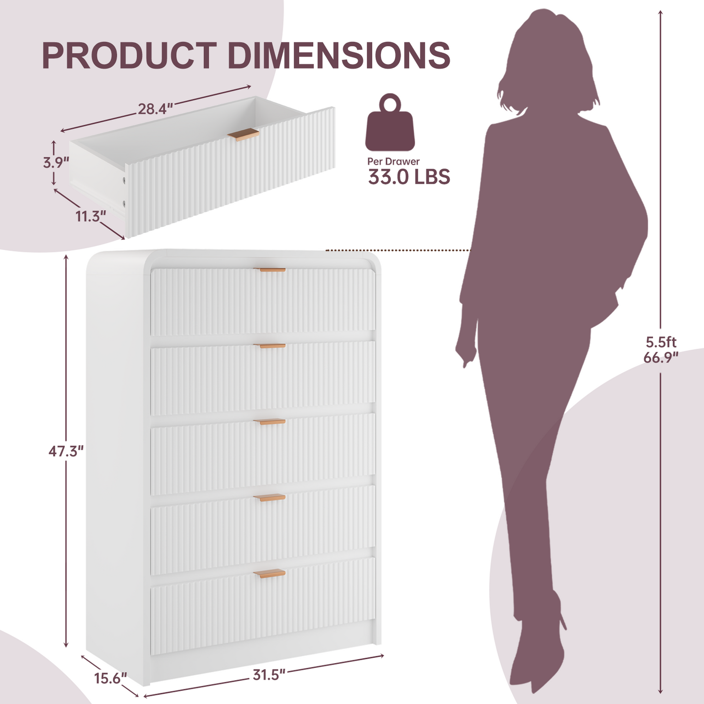 Fluted 5 Drawers Dresser for Bedroom, 48" Tall Wooden Modern Dresser with Metal Handle, Curved Profile Design, Storage Organizer for Living Room, Hallway (White)