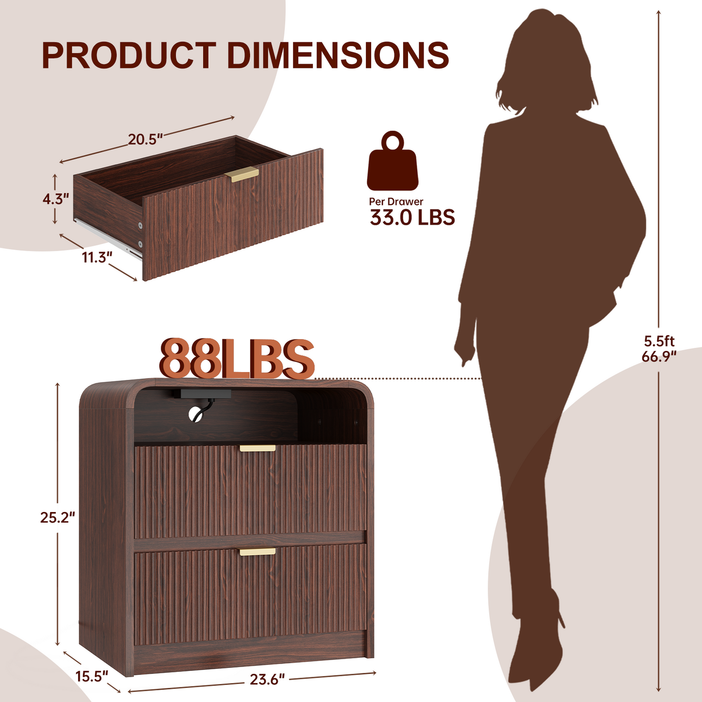 24" Fluted Nightstand with Charging Station, Wooden End Table with 2 Drawers Storage, Curved Profile Design, Modern Bedside Cabinet for Bedroom Living Room, Walnut