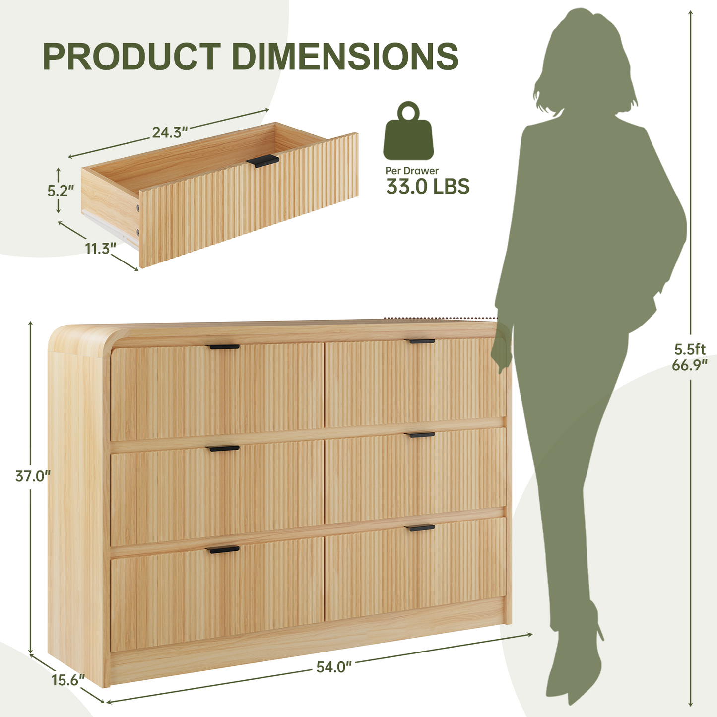 Fluted 6 Drawers Dresser for Bedroom, 54" Wide Wooden Dresser with Metal Handle, Curved Profile Design, Modern Storage Organizer for Living Room, Hallway (Natural Oak)