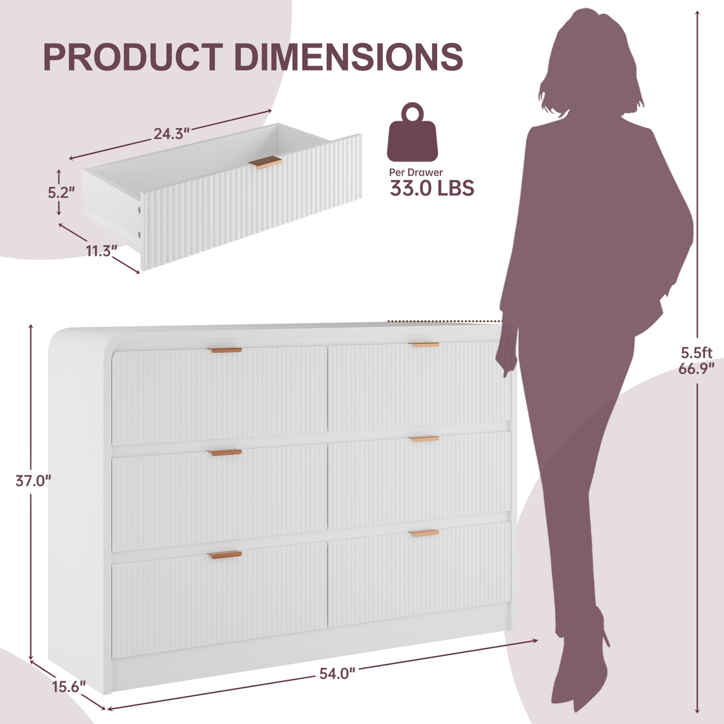 Fluted 6 Drawers Dresser for Bedroom, 54" Wide Wooden Dresser with Metal Handle, Curved Profile Design, Modern Storage Organizer for Living Room, Hallway (White)