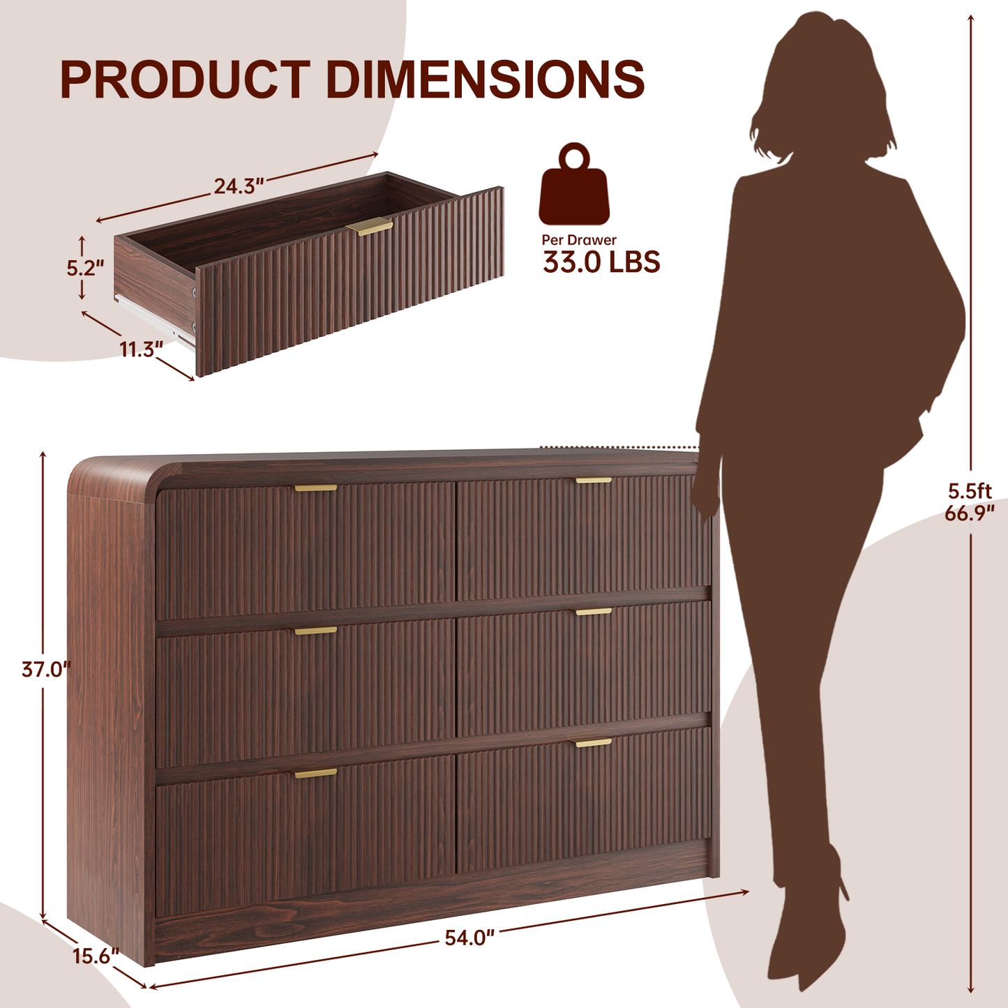 Fluted 6 Drawers Dresser for Bedroom, 54" Wide Wooden Dresser with Metal Handle, Curved Profile Design, Modern Storage Organizer for Living Room, Hallway (Walnut)