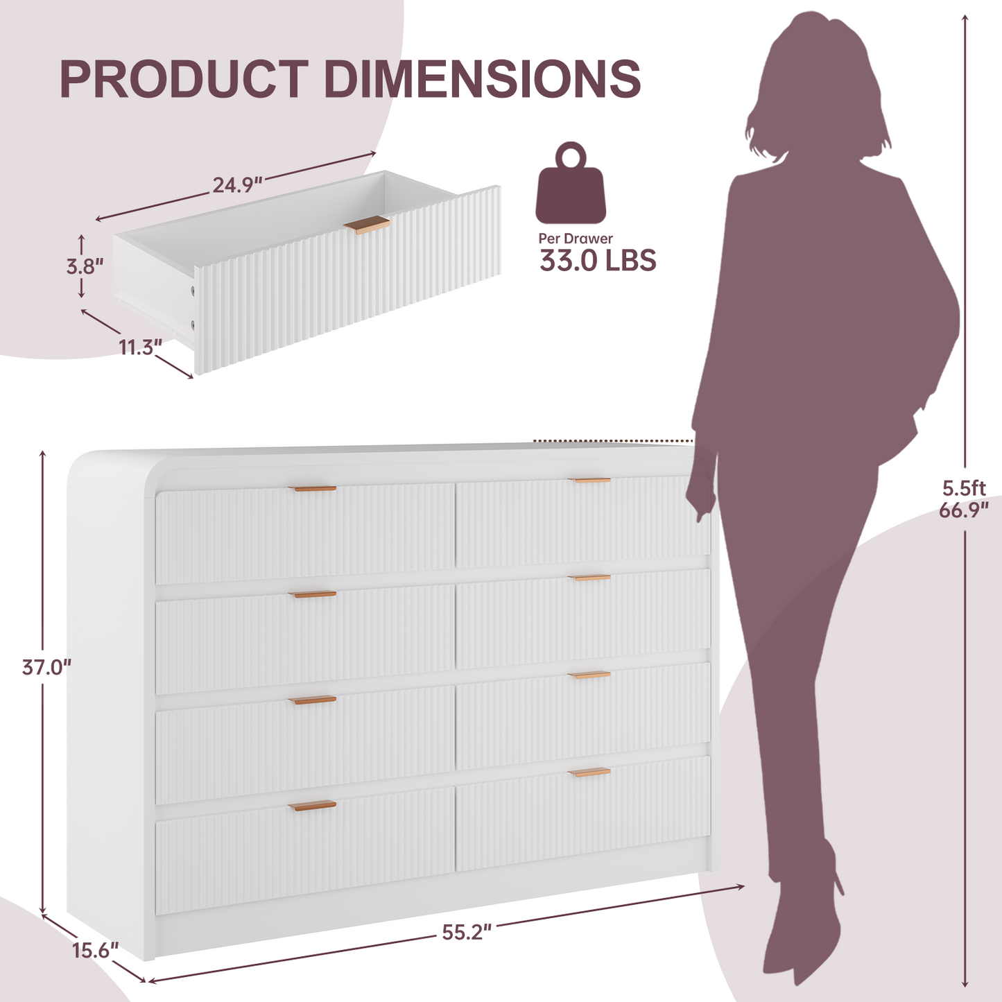 Fluted 8 Drawers Dresser for Bedroom, 55" Wide Wooden Dresser with Metal Handle, Curved Profile Design, Modern Storage Organizer for Living Room, Hallway (White)
