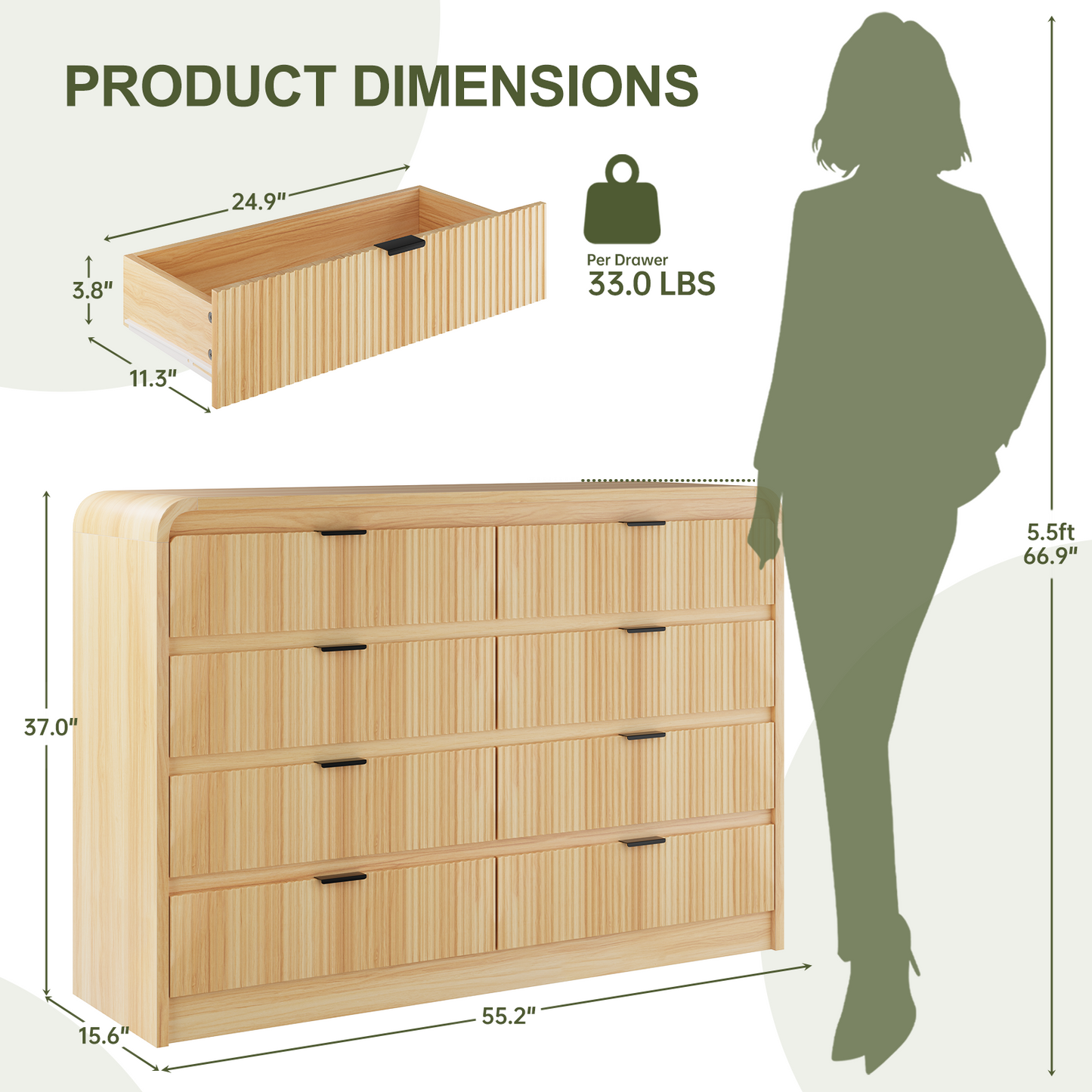 Fluted 8 Drawers Dresser for Bedroom, 55" Wide Wooden Dresser with Metal Handle, Curved Profile Design, Modern Storage Organizer for Living Room, Hallway (Natural Oak)