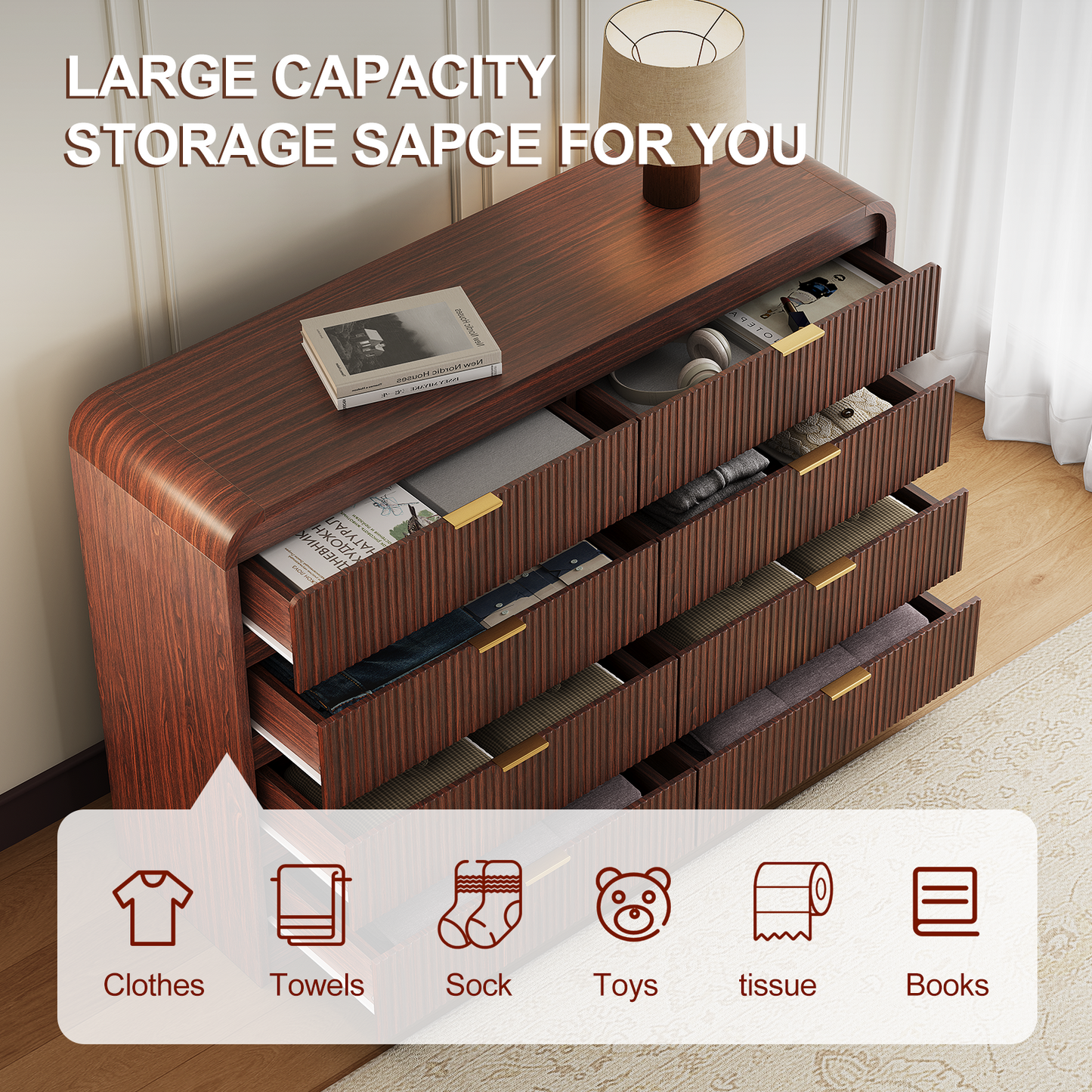 Fluted 8 Drawers Dresser for Bedroom, 55" Wide Wooden Dresser with Metal Handle, Curved Profile Design, Modern Storage Organizer for Living Room, Hallway (Walnut)