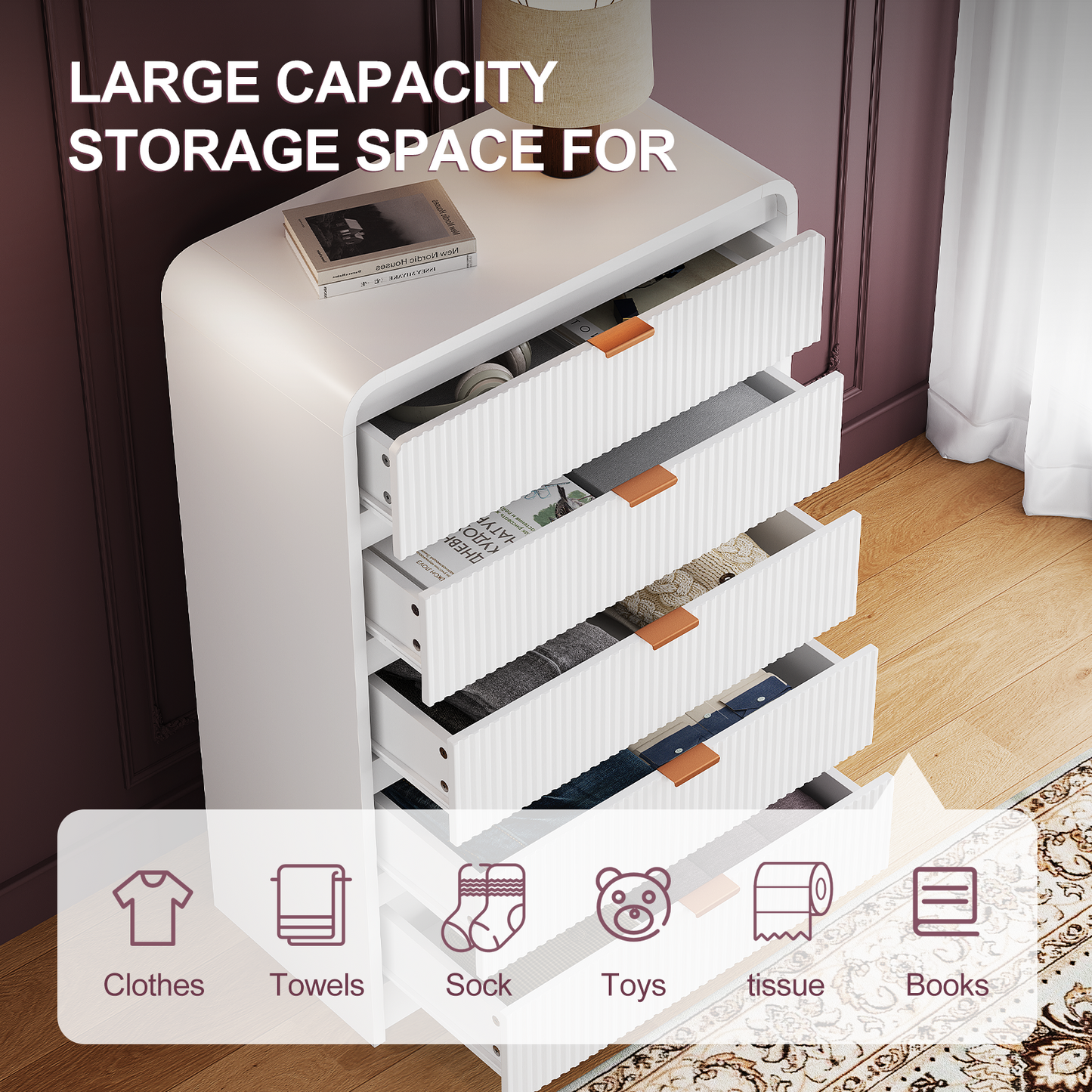 Fluted 5 Drawers Dresser for Bedroom, 48" Tall Wooden Modern Dresser with Metal Handle, Curved Profile Design, Storage Organizer for Living Room, Hallway (White)