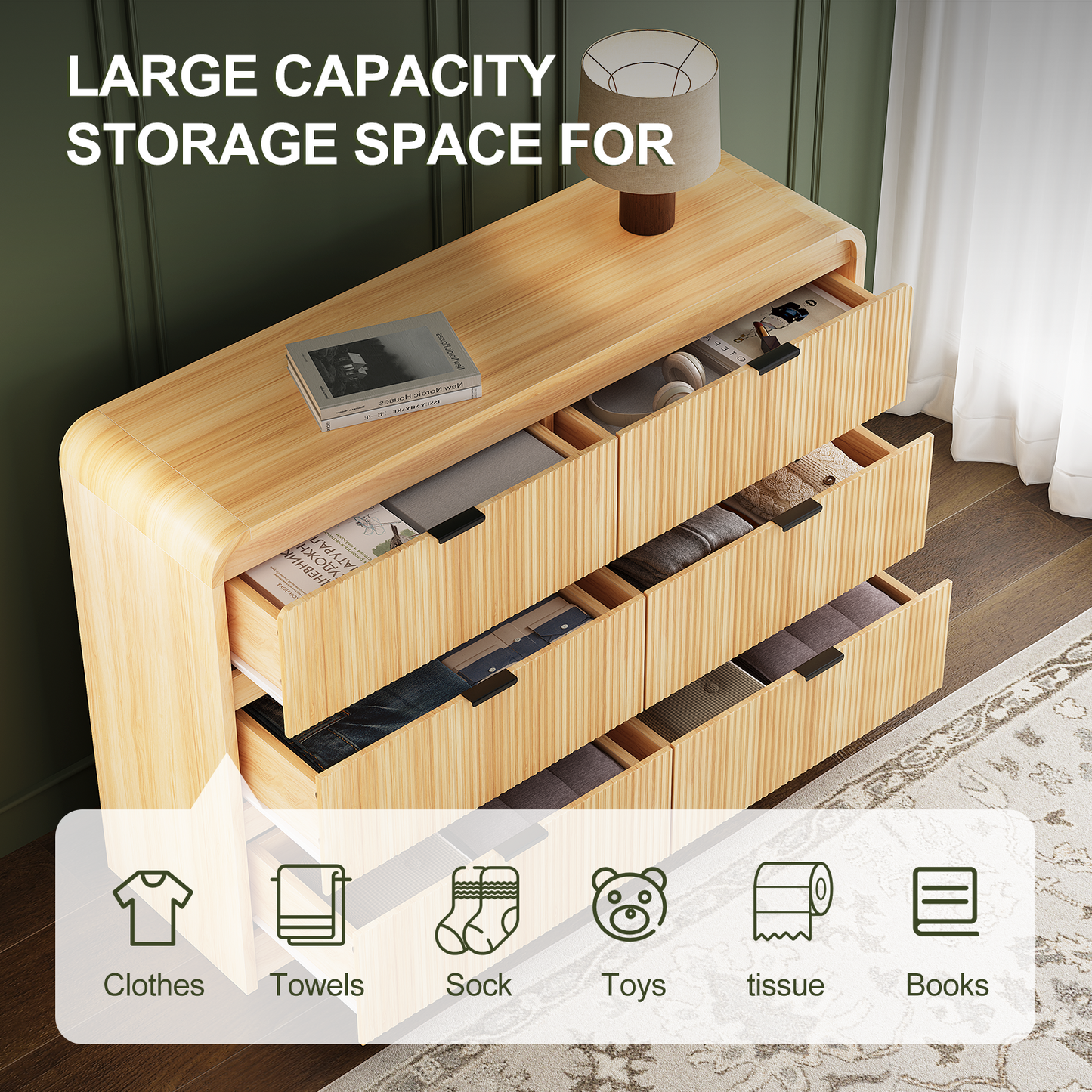 Fluted 6 Drawers Dresser for Bedroom, 54" Wide Wooden Dresser with Metal Handle, Curved Profile Design, Modern Storage Organizer for Living Room, Hallway (Natural Oak)