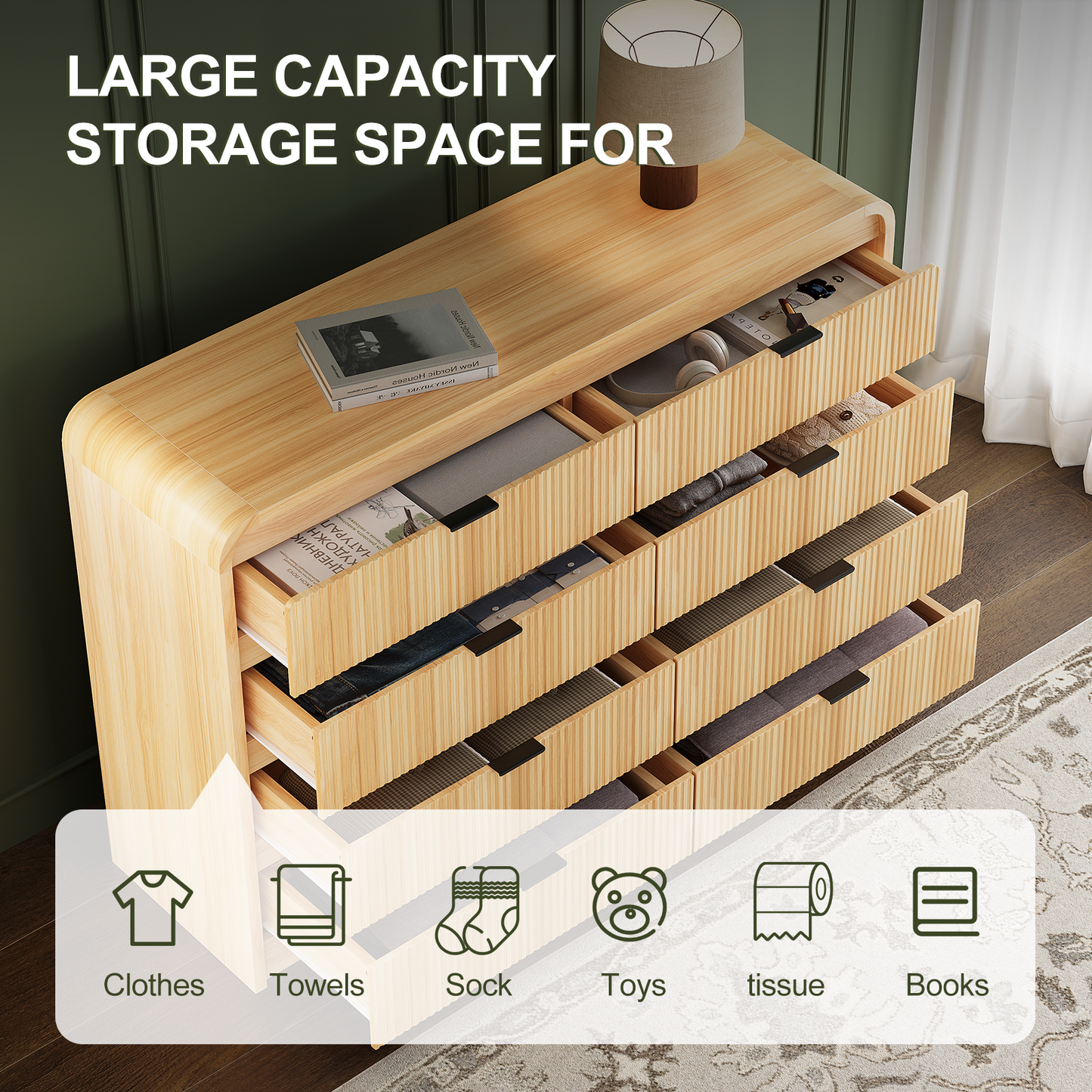 Fluted 8 Drawers Dresser for Bedroom, 55" Wide Wooden Dresser with Metal Handle, Curved Profile Design, Modern Storage Organizer for Living Room, Hallway (Natural Oak)