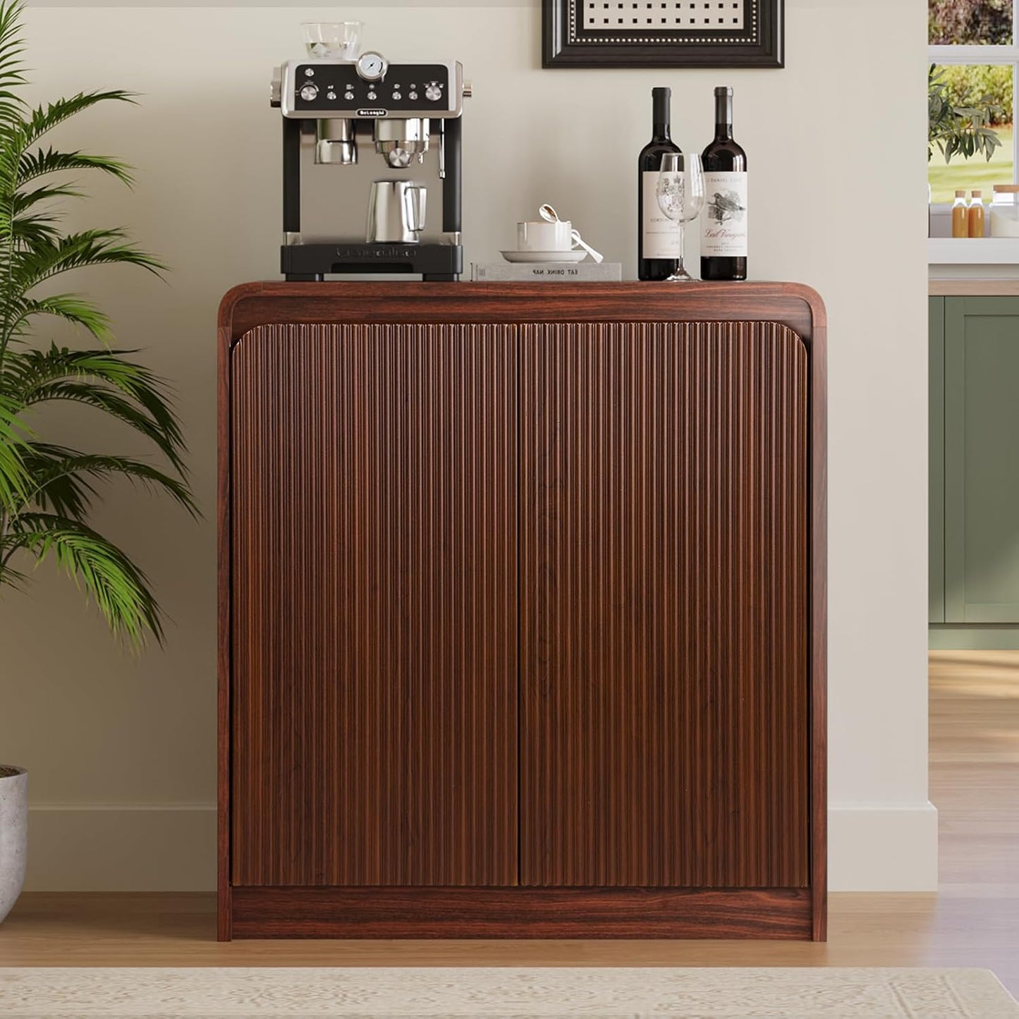 FURSUN Modern Fluted Sideboard Buffet Cabinet with Storage, Curved Design Wood Coffee Bar Cabinet with 2 Doors & Adjustable Shelves for Kitchen, Dining Room, Living Room, Dark Walnut