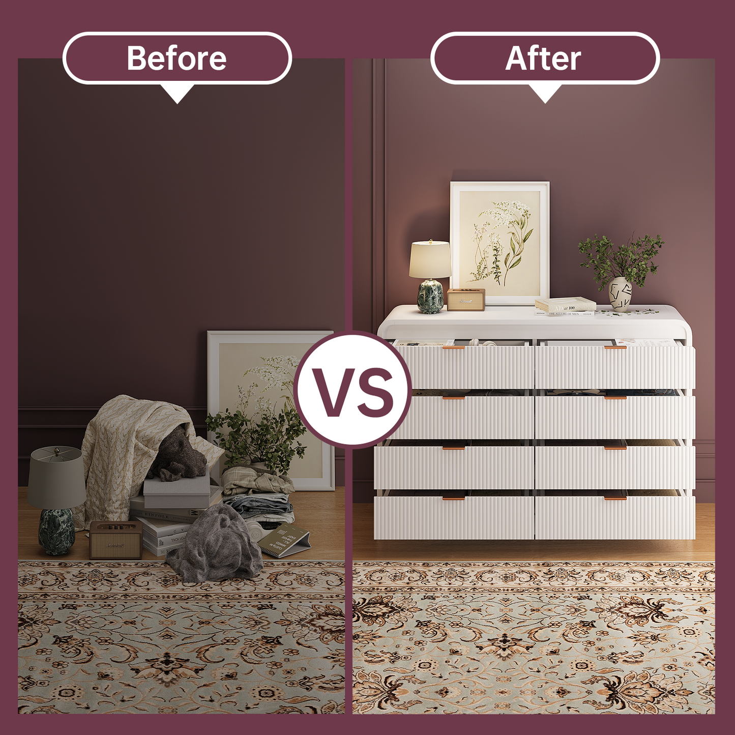 Fluted 8 Drawers Dresser for Bedroom, 55" Wide Wooden Dresser with Metal Handle, Curved Profile Design, Modern Storage Organizer for Living Room, Hallway (White)