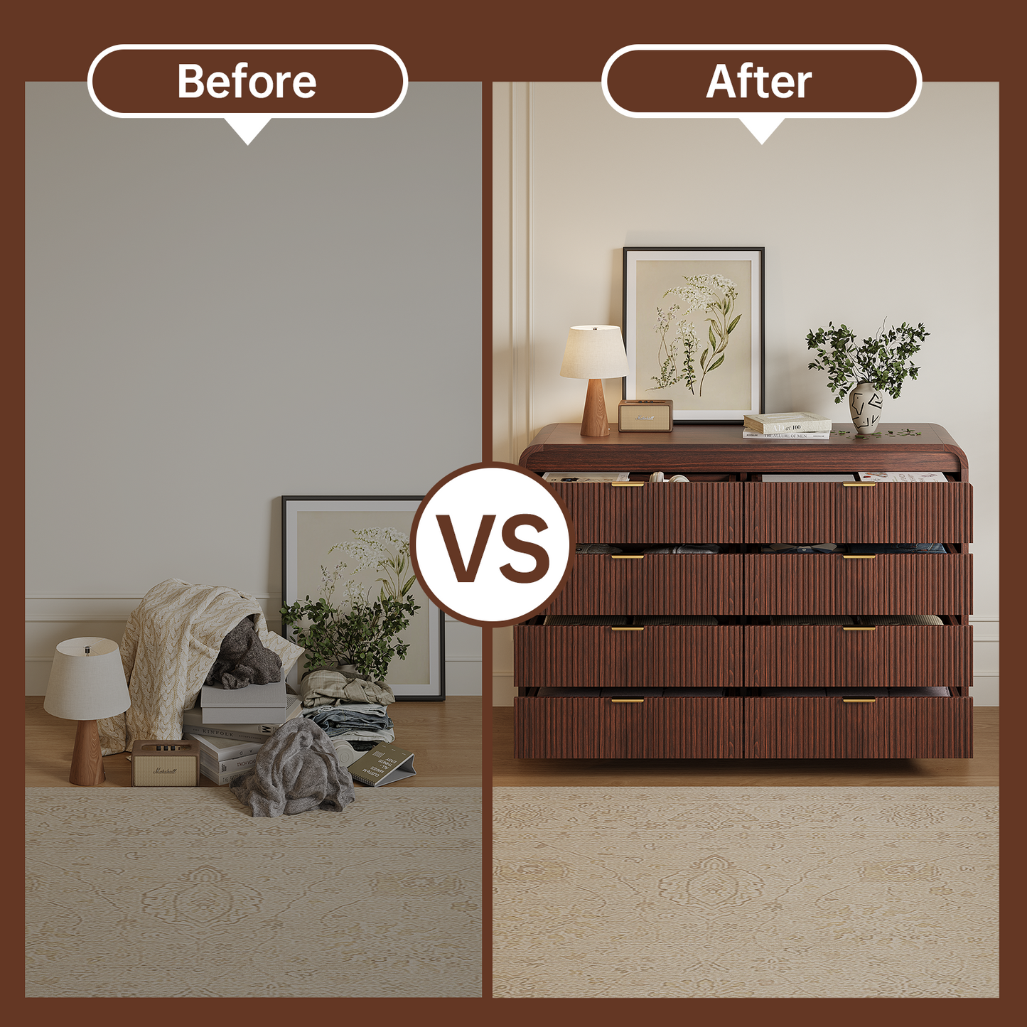 Fluted 8 Drawers Dresser for Bedroom, 55" Wide Wooden Dresser with Metal Handle, Curved Profile Design, Modern Storage Organizer for Living Room, Hallway (Walnut)