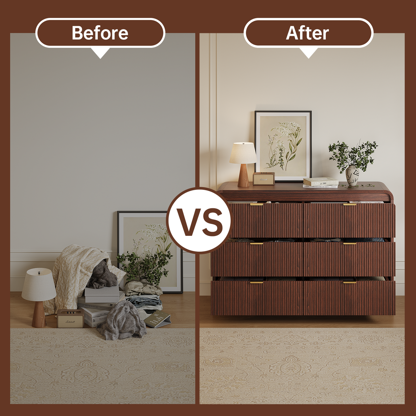 Fluted 6 Drawers Dresser for Bedroom, 54" Wide Wooden Dresser with Metal Handle, Curved Profile Design, Modern Storage Organizer for Living Room, Hallway (Walnut)