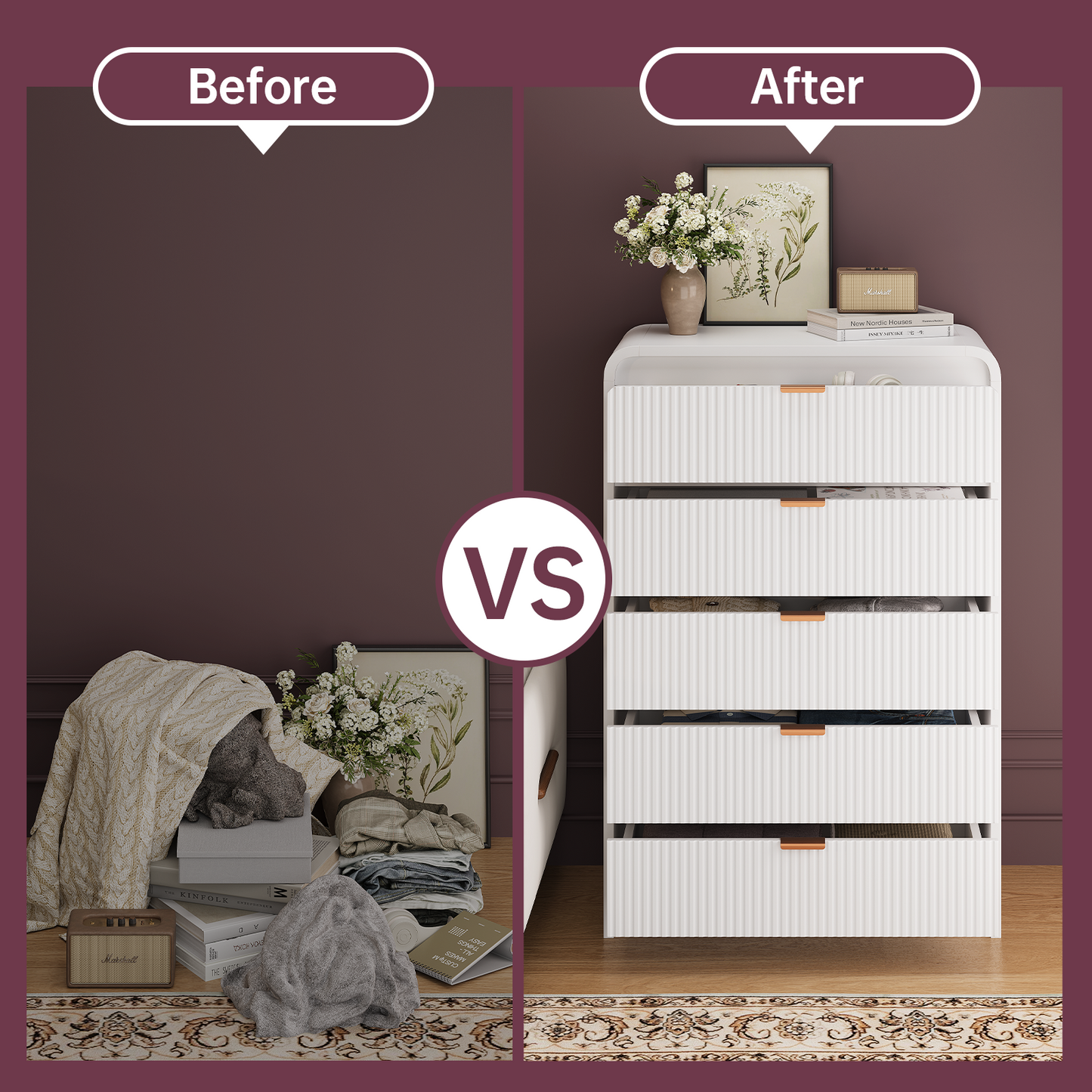 Fluted 5 Drawers Dresser for Bedroom, 48" Tall Wooden Modern Dresser with Metal Handle, Curved Profile Design, Storage Organizer for Living Room, Hallway (White)