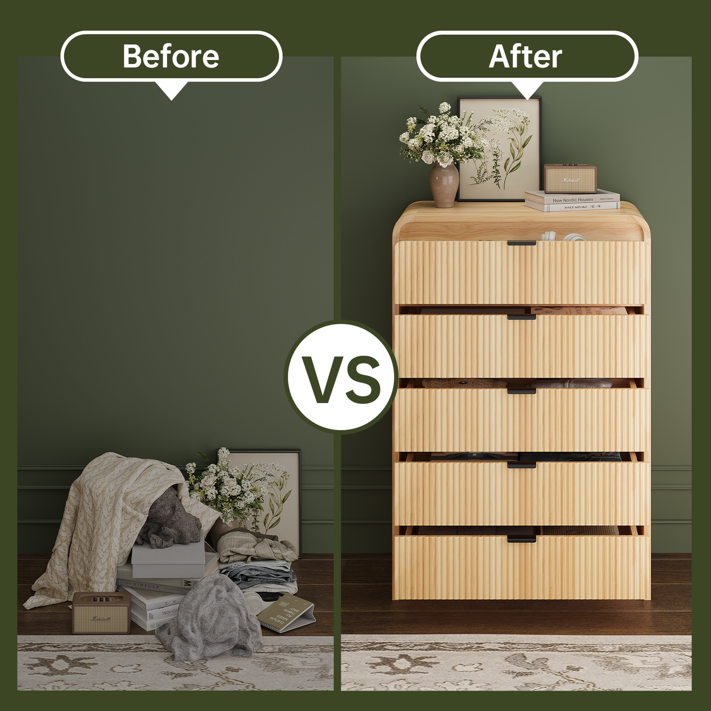 Fluted 5 Drawers Dresser for Bedroom, 48" Tall Wooden Modern Dresser with Metal Handle, Curved Profile Design, Storage Organizer for Living Room, Hallway (Natural Oak)