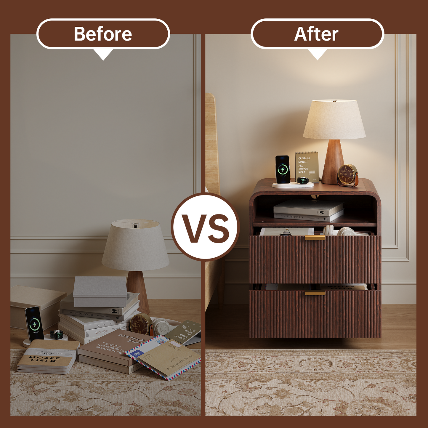 24" Fluted Nightstand with Charging Station, Wooden End Table with 2 Drawers Storage, Curved Profile Design, Modern Bedside Cabinet for Bedroom Living Room, Walnut