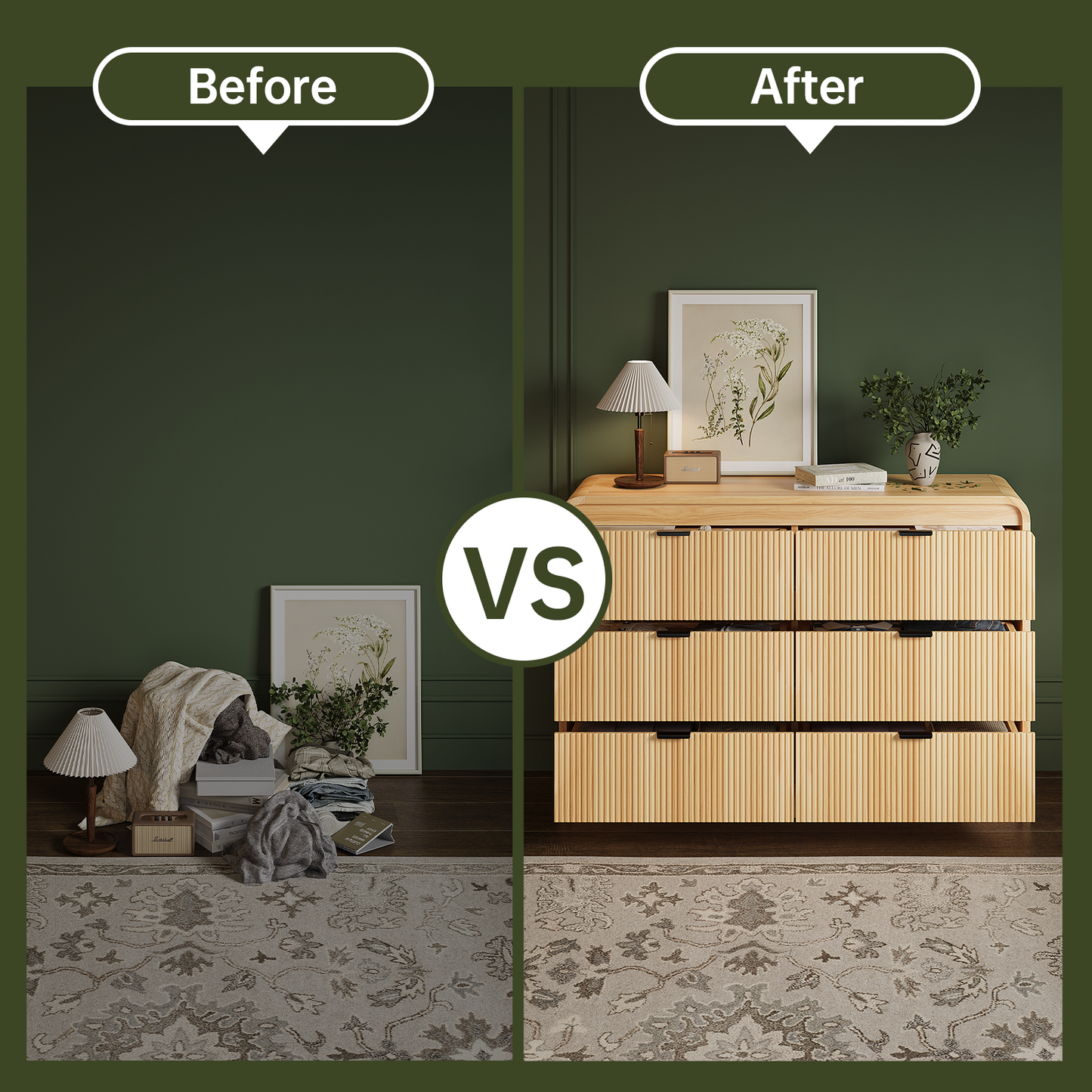 Fluted 6 Drawers Dresser for Bedroom, 54" Wide Wooden Dresser with Metal Handle, Curved Profile Design, Modern Storage Organizer for Living Room, Hallway (Natural Oak)