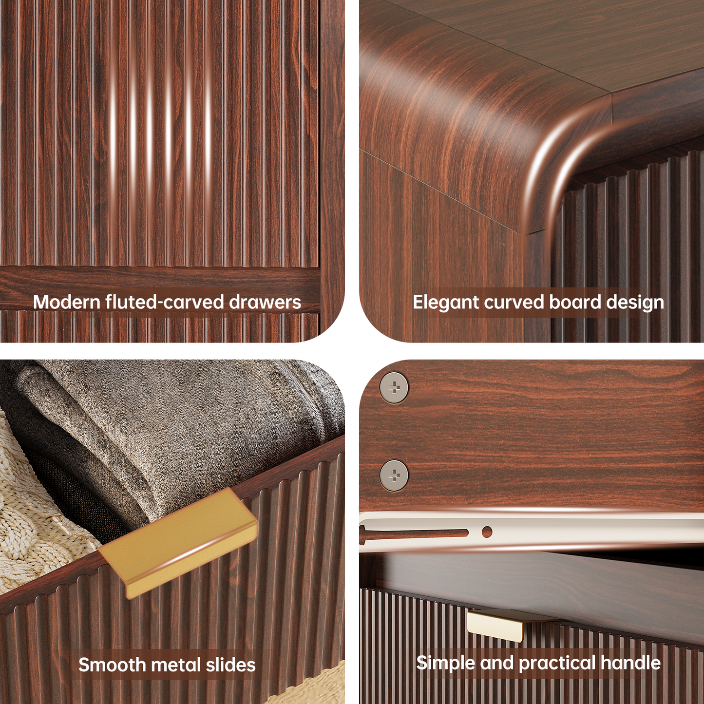 Fluted 6 Drawers Dresser for Bedroom, 54" Wide Wooden Dresser with Metal Handle, Curved Profile Design, Modern Storage Organizer for Living Room, Hallway (Walnut)