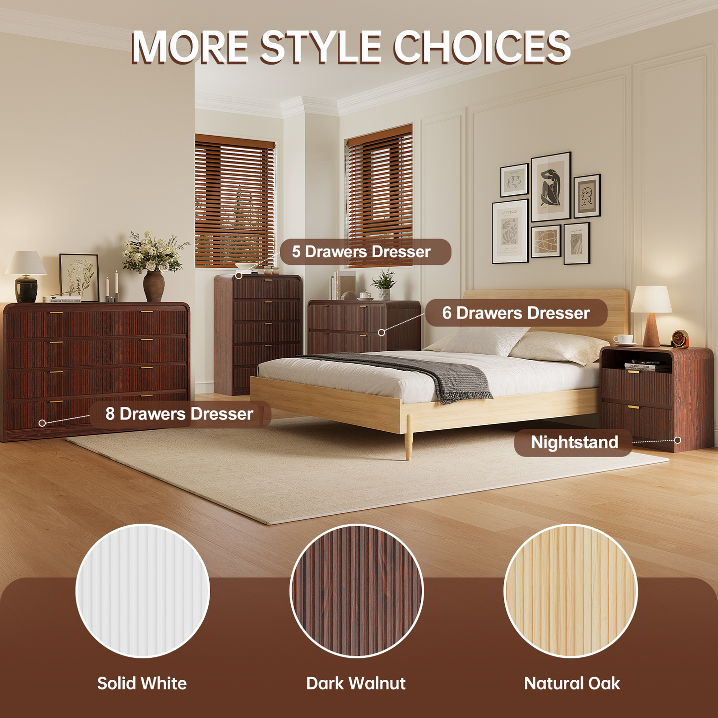 Fluted 6 Drawers Dresser for Bedroom, 54" Wide Wooden Dresser with Metal Handle, Curved Profile Design, Modern Storage Organizer for Living Room, Hallway (Walnut)