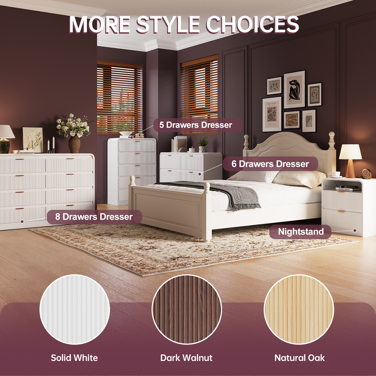 Fluted 6 Drawers Dresser for Bedroom, 54" Wide Wooden Dresser with Metal Handle, Curved Profile Design, Modern Storage Organizer for Living Room, Hallway (White)