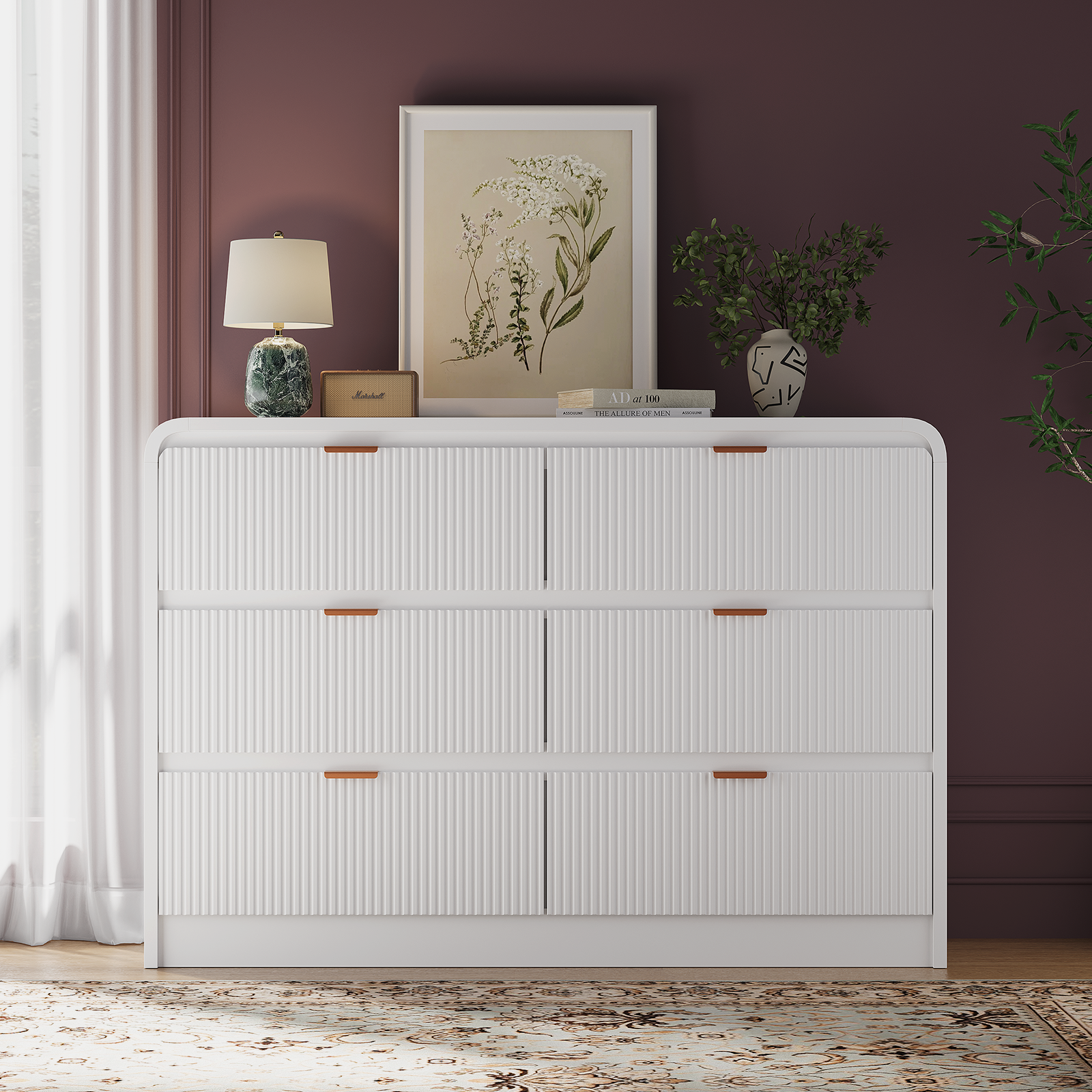 large dresser for bedroom Fluted 6 Drawers Dresser for Bedroom, 54" Wide Wooden Dresser with Metal Handle, Curved Profile Design, Modern Storage Organizer for Living Room, Hallway (White)