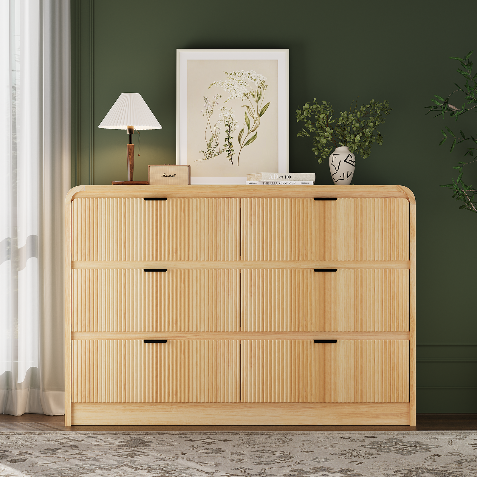 Fluted 6 Drawers Dresser for Bedroom, 54" Wide Wooden Dresser with Metal Handle, Curved Profile Design, Modern Storage Organizer for Living Room, Hallway (Natural Oak) - FURSUN Fluted 6 Drawers Dresser for Bedroom, 54" Wide Wooden Dresser with Metal Handle, Curved Profile Design, Modern Storage Organizer for Living Room, Hallway (Natural Oak) - FURSUN