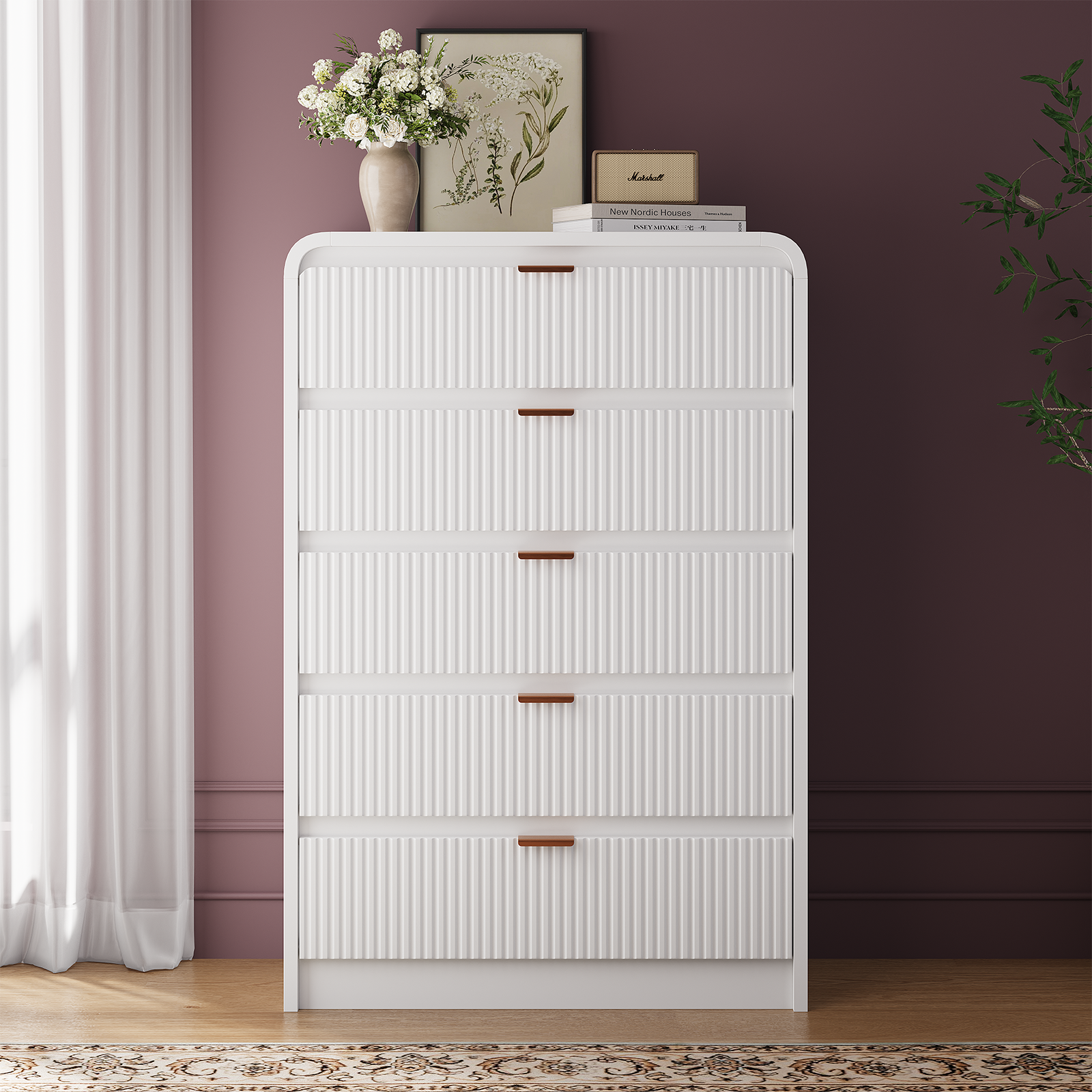 Fluted 5 Drawers Dresser for Bedroom, 48" Tall Wooden Modern Dresser with Metal Handle, Curved Profile Design, Storage Organizer for Living Room, Hallway (White) - FURSUN Fluted 5 Drawers Dresser for Bedroom, 48" Tall Wooden Modern Dresser with Metal Handle, Curved Profile Design, Storage Organizer for Living Room, Hallway (White) - FURSUN