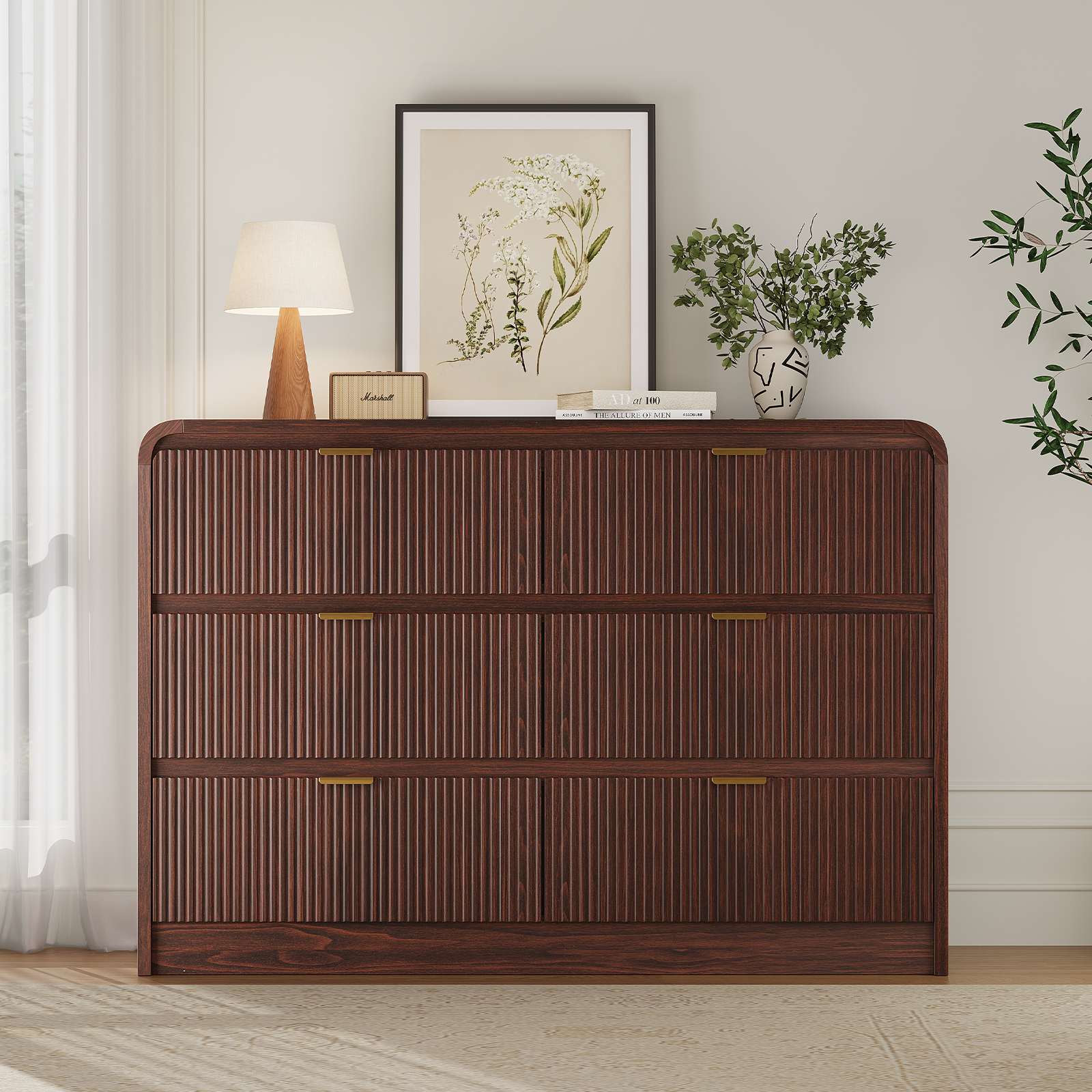 metal wood dresser Fluted 6 Drawers Dresser for Bedroom, 54" Wide Wooden Dresser with Metal Handle, Curved Profile Design, Modern Storage Organizer for Living Room, Hallway (Walnut)