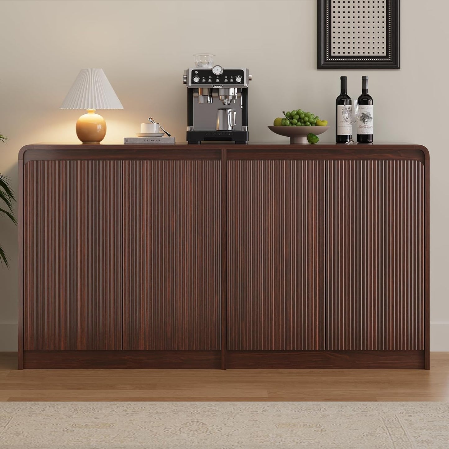 FURSUN 61" Modern Fluted Sideboard Buffet Cabinet with Storage, Curved Design Wood Coffee Bar Cabinet with 4 Doors & Adjustable Shelves for Kitchen, Dining Room, or Living Room, Dark Walnut