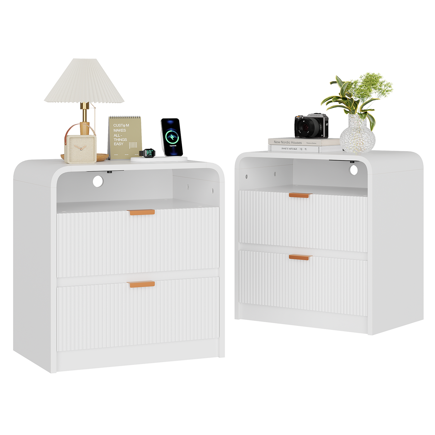 24" Fluted Nightstand with Charging Station, Wooden End Table with 2 Drawers Storage, Curved Profile Design, Modern Bedside Cabinet for Bedroom Living Room, White