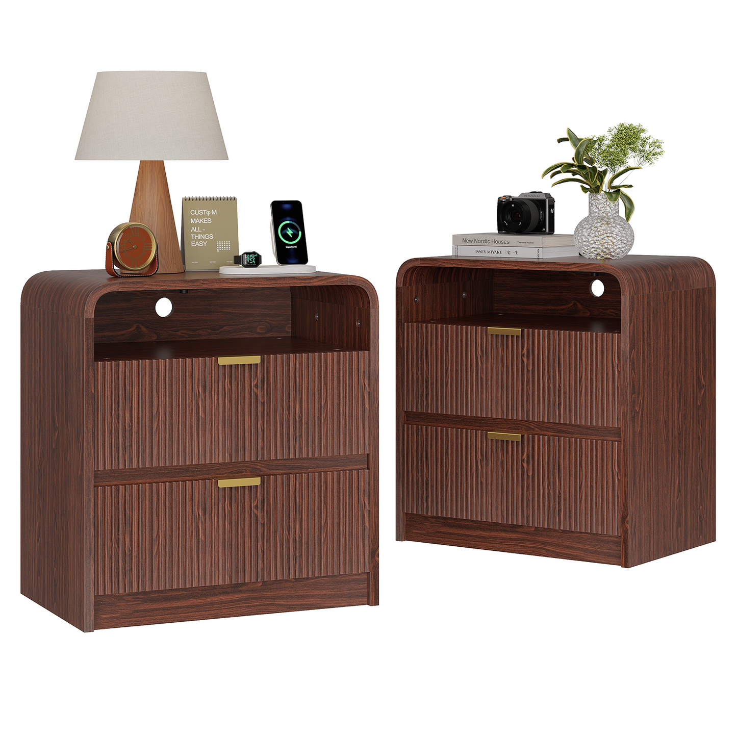 24" Fluted Nightstand with Charging Station, Wooden End Table with 2 Drawers Storage, Curved Profile Design, Modern Bedside Cabinet for Bedroom Living Room, Walnut
