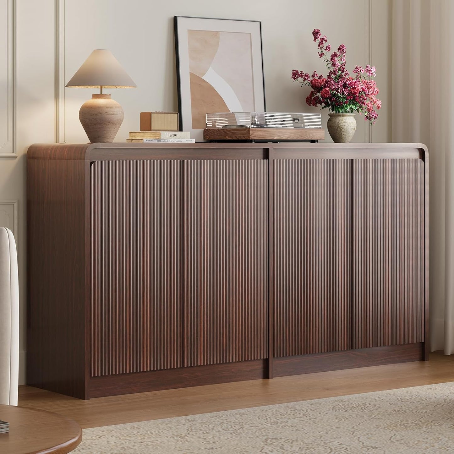 FURSUN 61" Modern Fluted Sideboard Buffet Cabinet with Storage, Curved Design Wood Coffee Bar Cabinet with 4 Doors & Adjustable Shelves for Kitchen, Dining Room, or Living Room, Dark Walnut