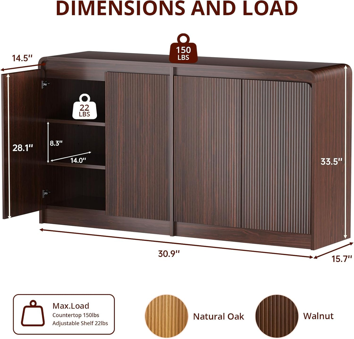 FURSUN 61" Modern Fluted Sideboard Buffet Cabinet with Storage, Curved Design Wood Coffee Bar Cabinet with 4 Doors & Adjustable Shelves for Kitchen, Dining Room, or Living Room, Dark Walnut