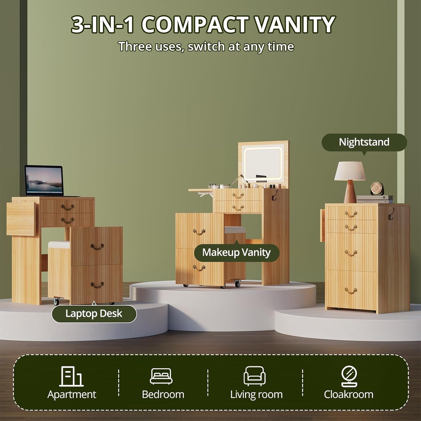 FURSUN 3-in-1 Vanity with Flip Mirror & Lights, Fluted Compact Vanity Table with 3 Drawers, Storage Compartment and Rolling Stool, Modern Small Makeup Vanity for Bedroom, Powder Room, Natural Oak