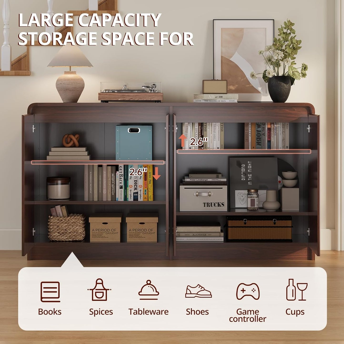 FURSUN 61" Modern Fluted Sideboard Buffet Cabinet with Storage, Curved Design Wood Coffee Bar Cabinet with 4 Doors & Adjustable Shelves for Kitchen, Dining Room, or Living Room, Dark Walnut