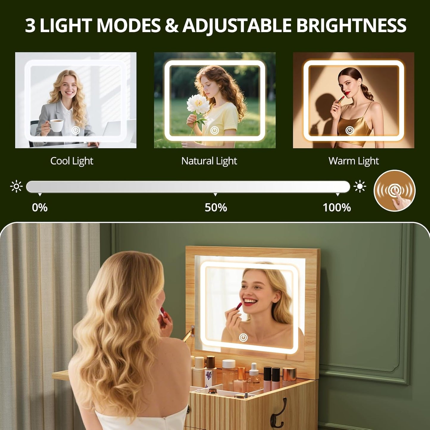 FURSUN 3-in-1 Vanity with Flip Mirror & Lights, Fluted Compact Vanity Table with 3 Drawers, Storage Compartment and Rolling Stool, Modern Small Makeup Vanity for Bedroom, Powder Room, Natural Oak