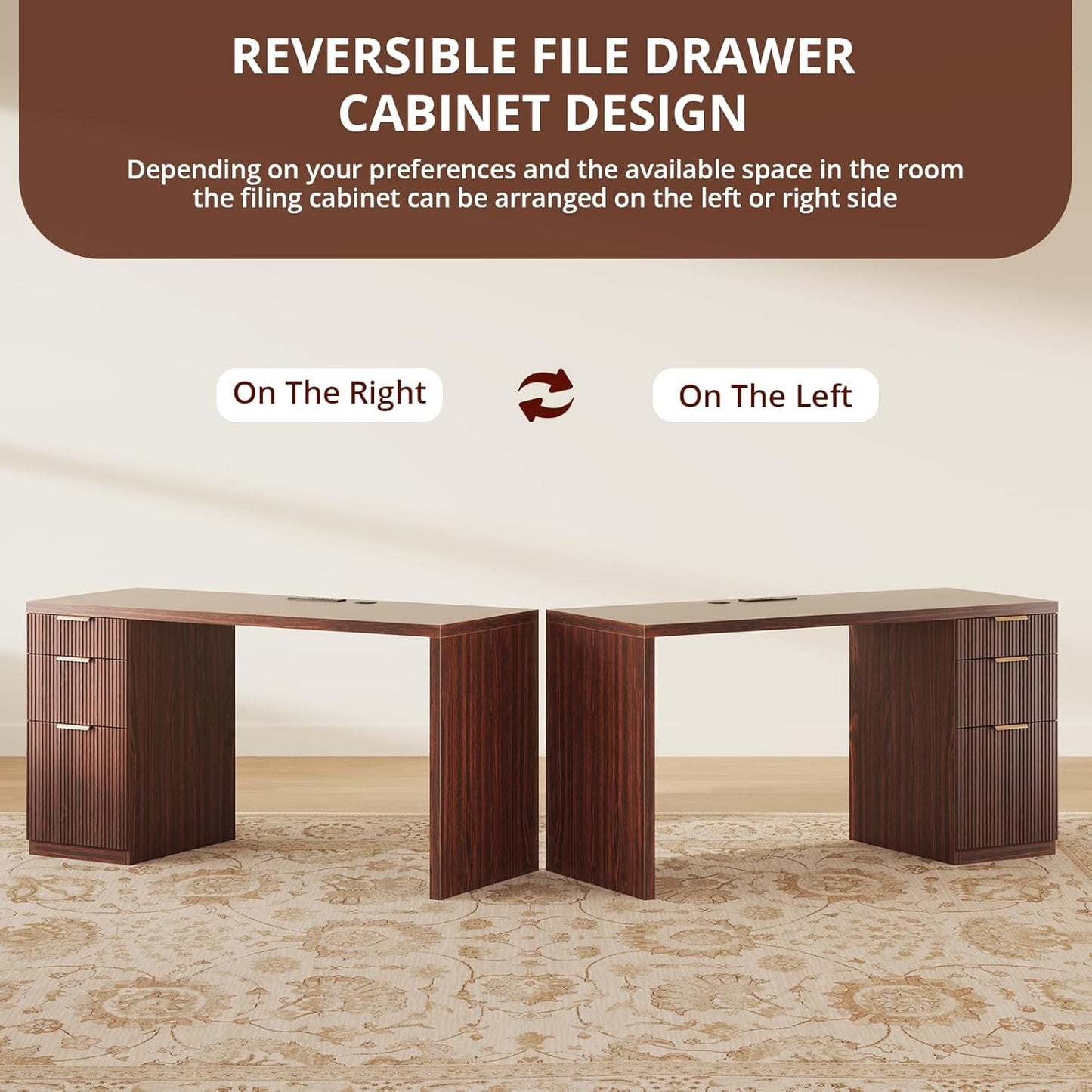 FURSUN 58" Modern Executive Desk with Storage, Home Office Desk with Drawer & Cabinet, Wooden Fluted Desk for Study, Living Room, Bedroom (Dark Walnut)