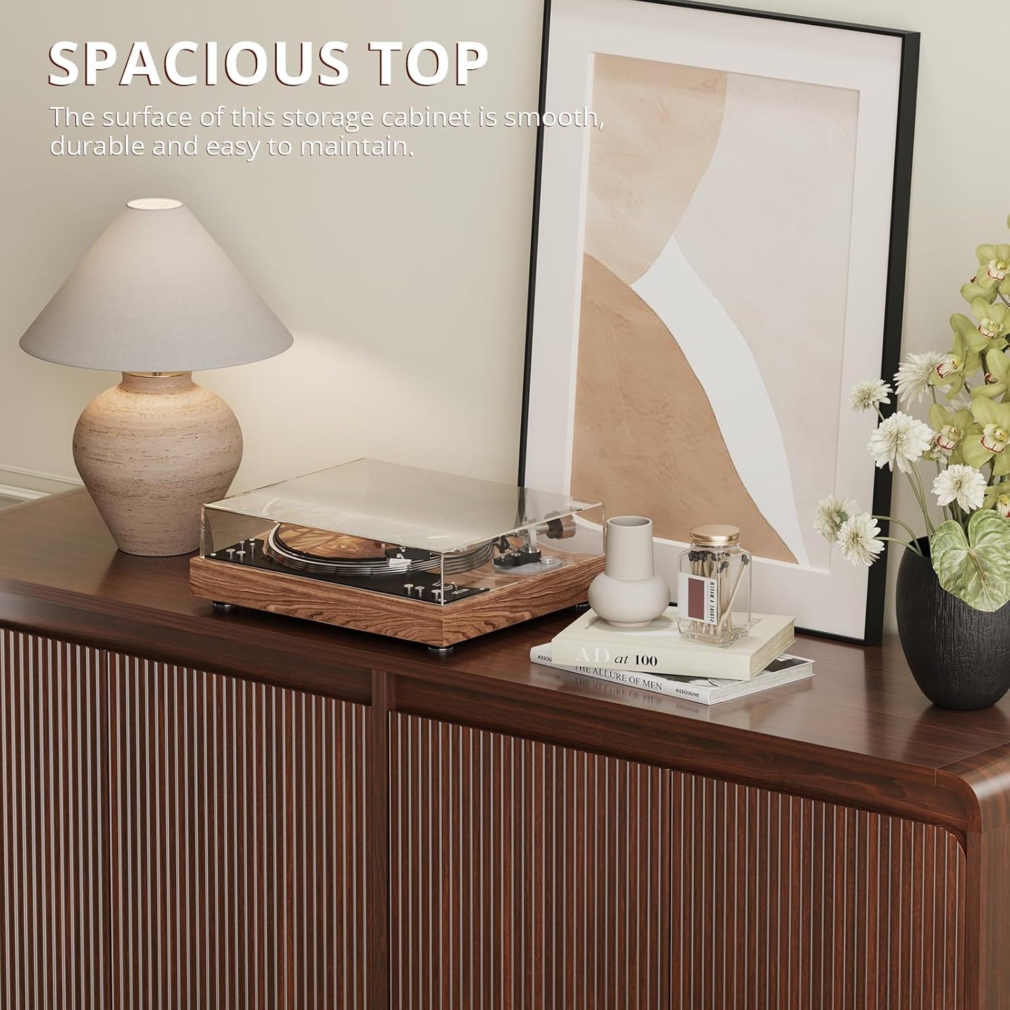 FURSUN 61" Modern Fluted Sideboard Buffet Cabinet with Storage, Curved Design Wood Coffee Bar Cabinet with 4 Doors & Adjustable Shelves for Kitchen, Dining Room, or Living Room, Dark Walnut