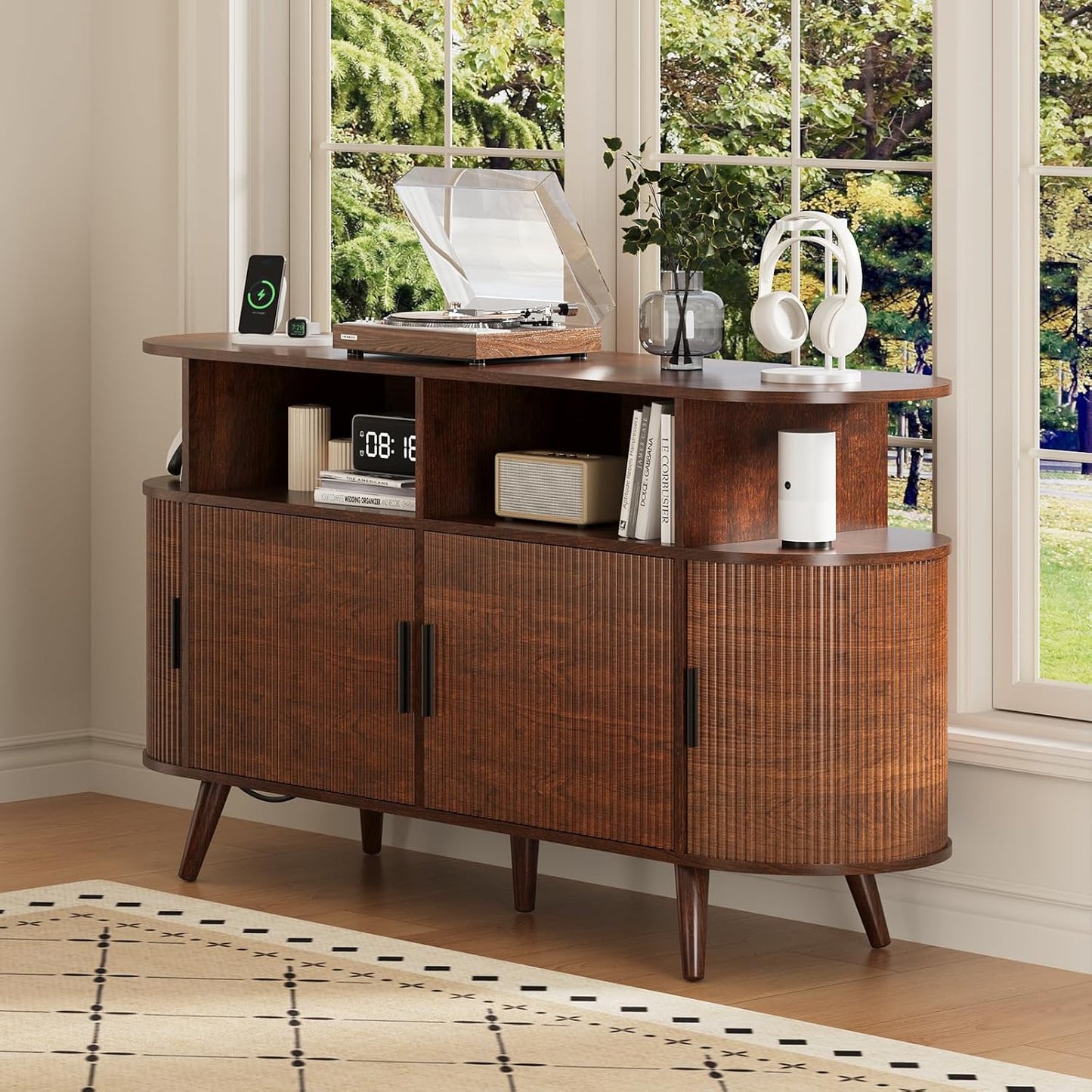 FURSUN 55" Large Round Record Player Stand, Record Storage Cabinet Holds Up 300 Albums with Charging Station & USB Ports, Fluted Modern Turntable Stand for Bedroom, Living Room, Dark Walnut