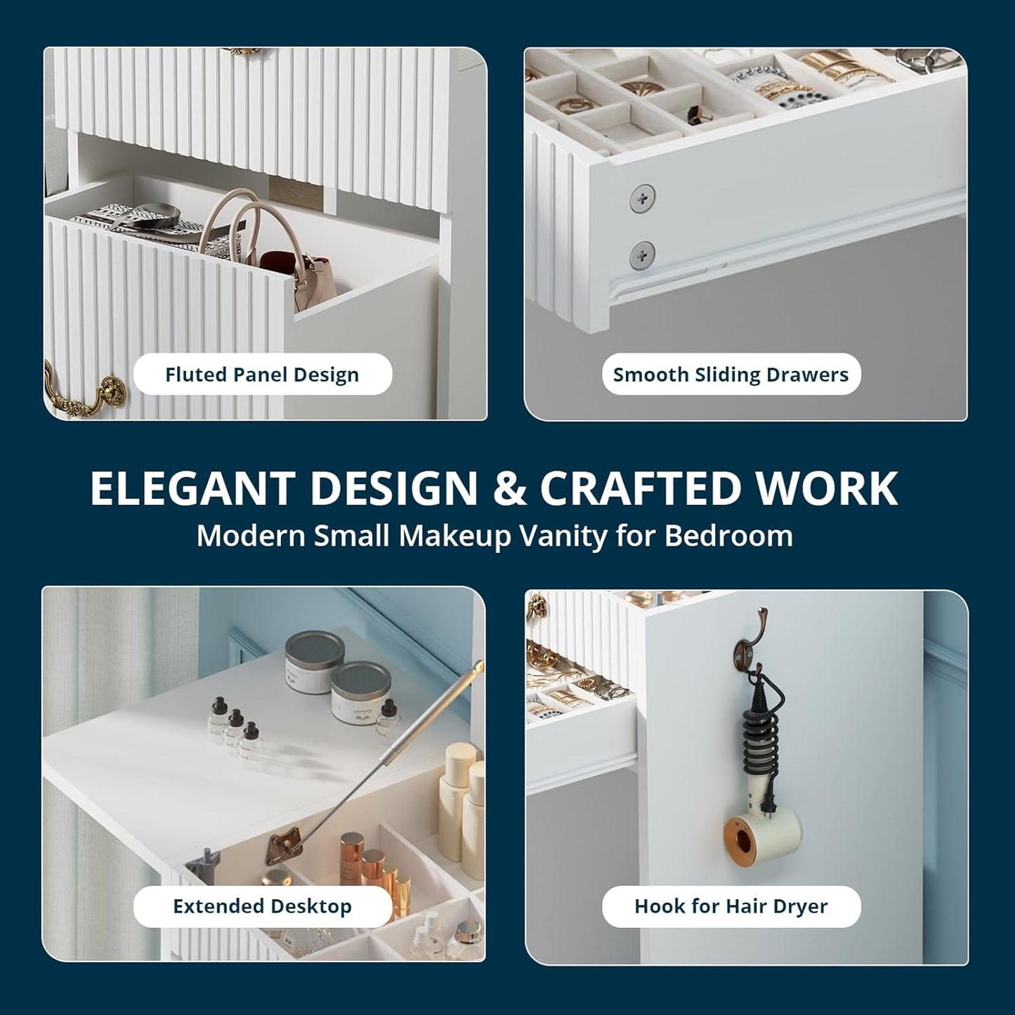 FURSUN 3-in-1 Vanity with Flip Mirror & Lights, Fluted Compact Vanity Table with 3 Drawers, Storage Compartment and Rolling Stool, Modern Small Makeup Vanity for Bedroom, Powder Room, Solid White