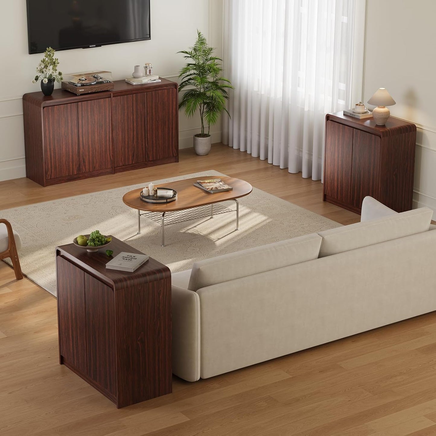 FURSUN 61" Modern Fluted Sideboard Buffet Cabinet with Storage, Curved Design Wood Coffee Bar Cabinet with 4 Doors & Adjustable Shelves for Kitchen, Dining Room, or Living Room, Dark Walnut